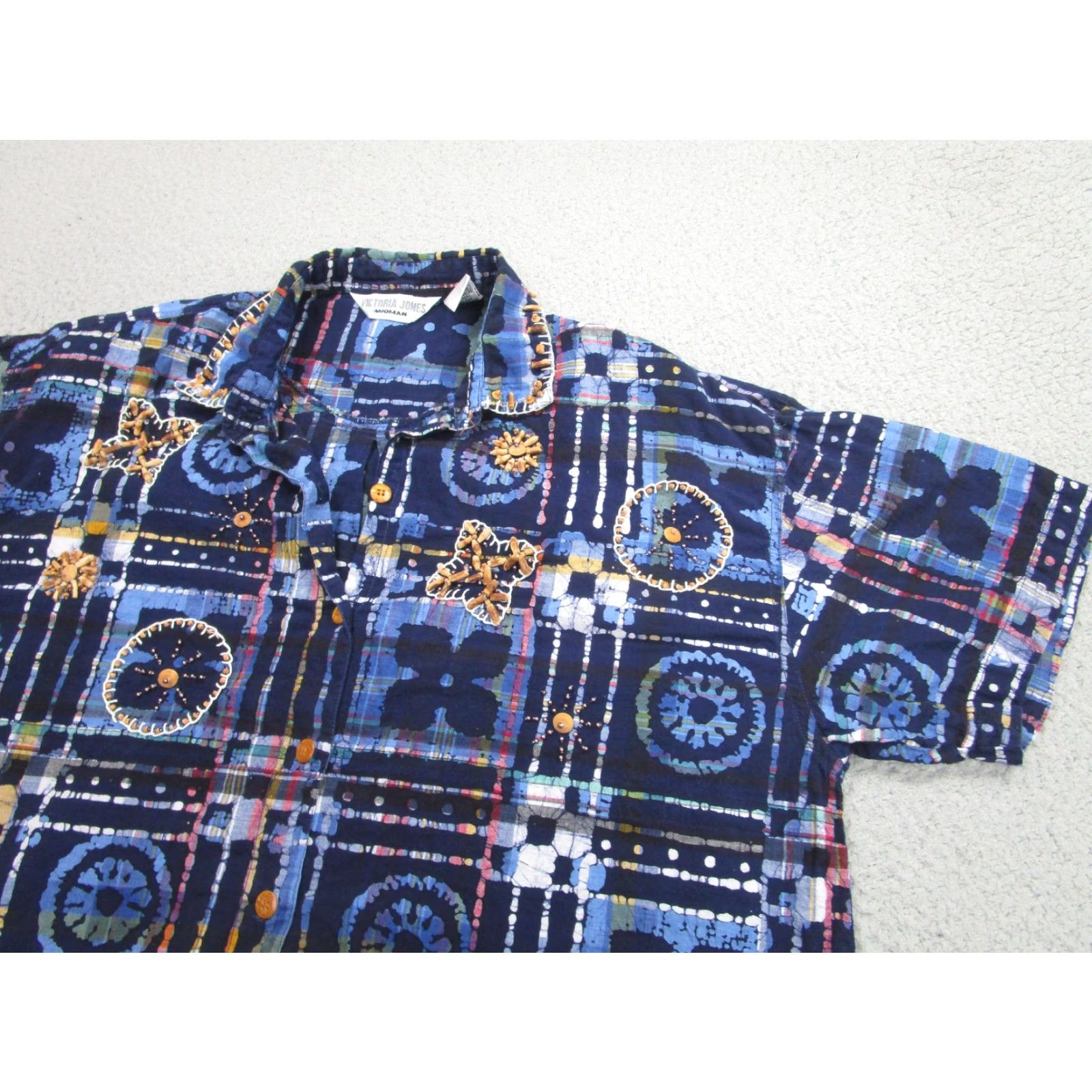 Vintage Victoria Jones Shirt Womens 18W Blue Beaded Embroidered Geometric Boho Festive Size XXL / US 16-18 / IT 52-54 - 2 Thumbnail