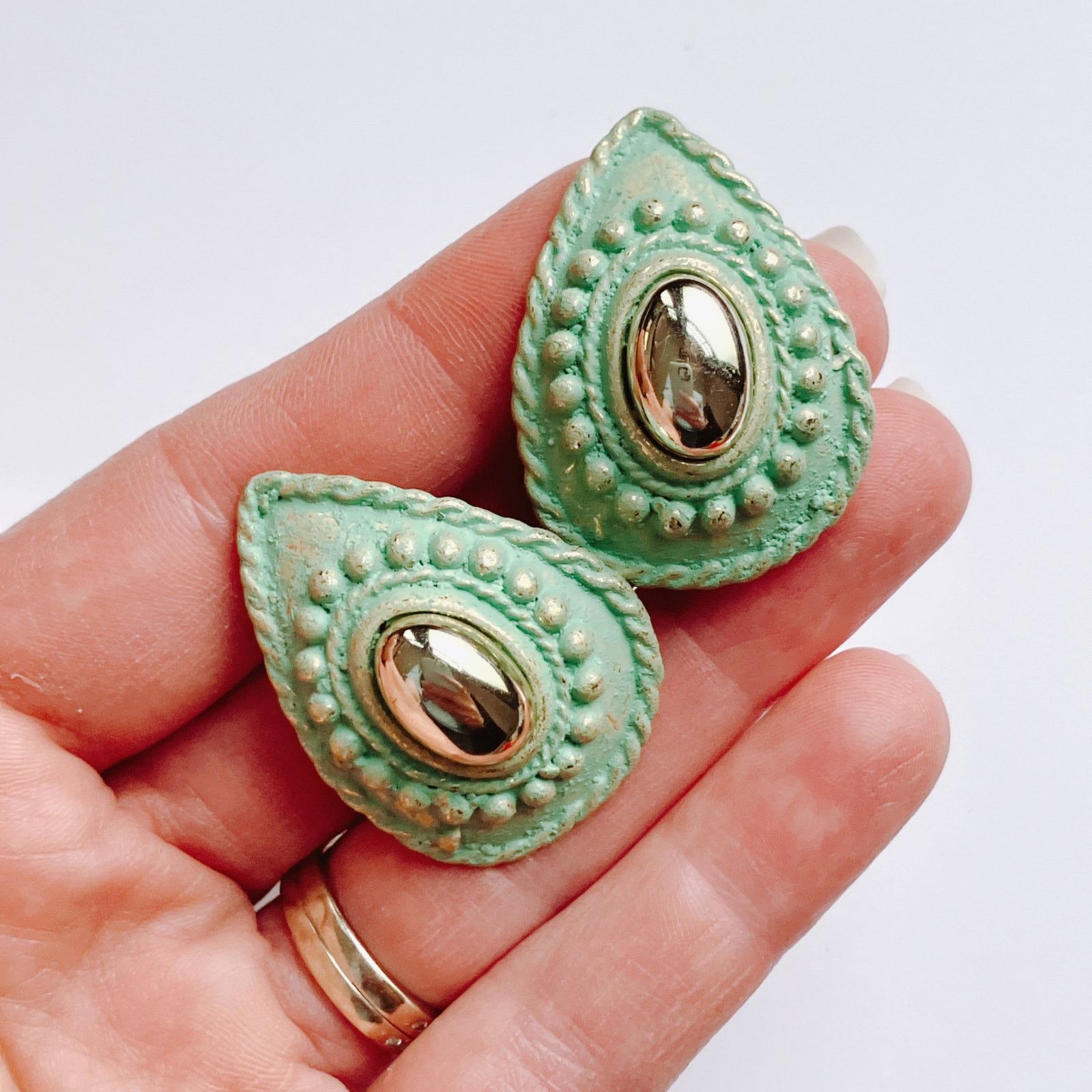 Vintage VTG 80s Mint Green Clip On Earrings Teardrop Reflective Size ONE SIZE - 3 Thumbnail