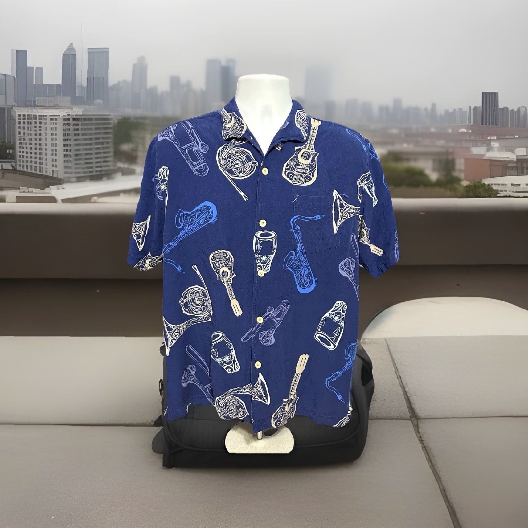 Tommy Bahama VINTAGE Tommy Bahama Hawaiian Button Up Music Instrumental Shirt Men Large Blue Rayon Shirt Size US L / EU 52-54 / 3 - 6 Thumbnail