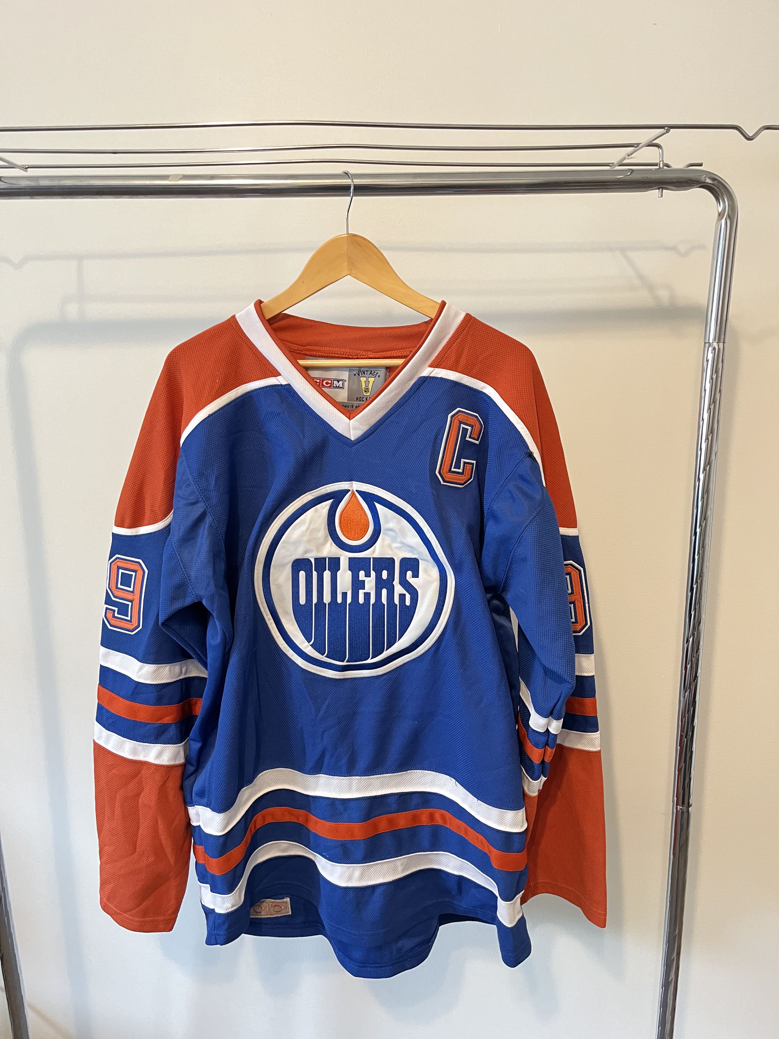 image of Nhl Vintage Oilers Jersey in White Blue Orange, Men's (Size XL)