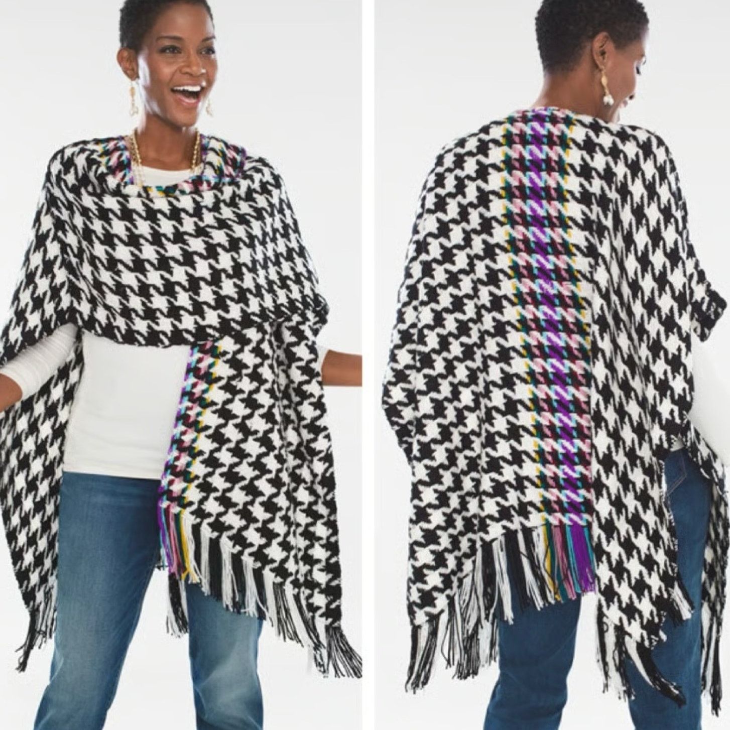 Chicos Chico's Houndstooth Ruana Wrap Shall Knit Sweater Rainbow Size M / US 6-8 / IT 42-44 - 7 Thumbnail