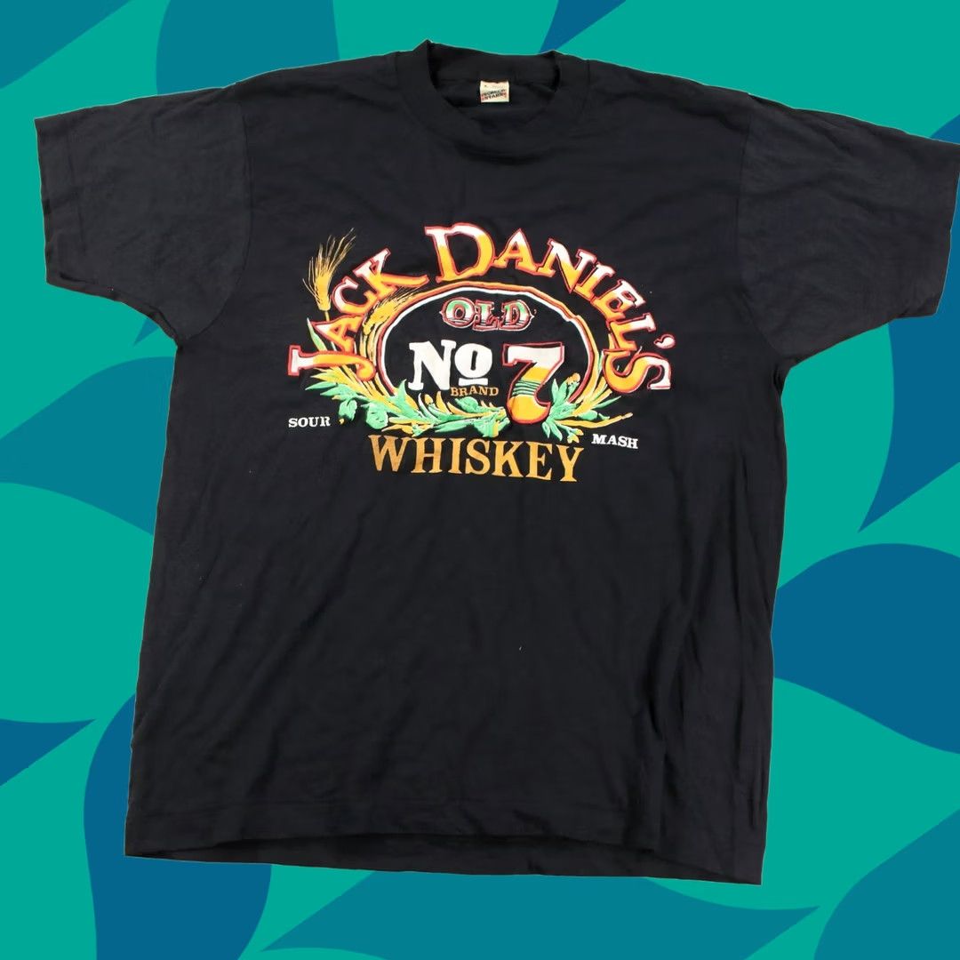 Vintage Jack Daniels Whiskey Screen Stars T-Shirt Large Black Men Crew Neck Short Sleeve Cotton Blend Usa 90s Single Stitch Shirts Mens, Men's