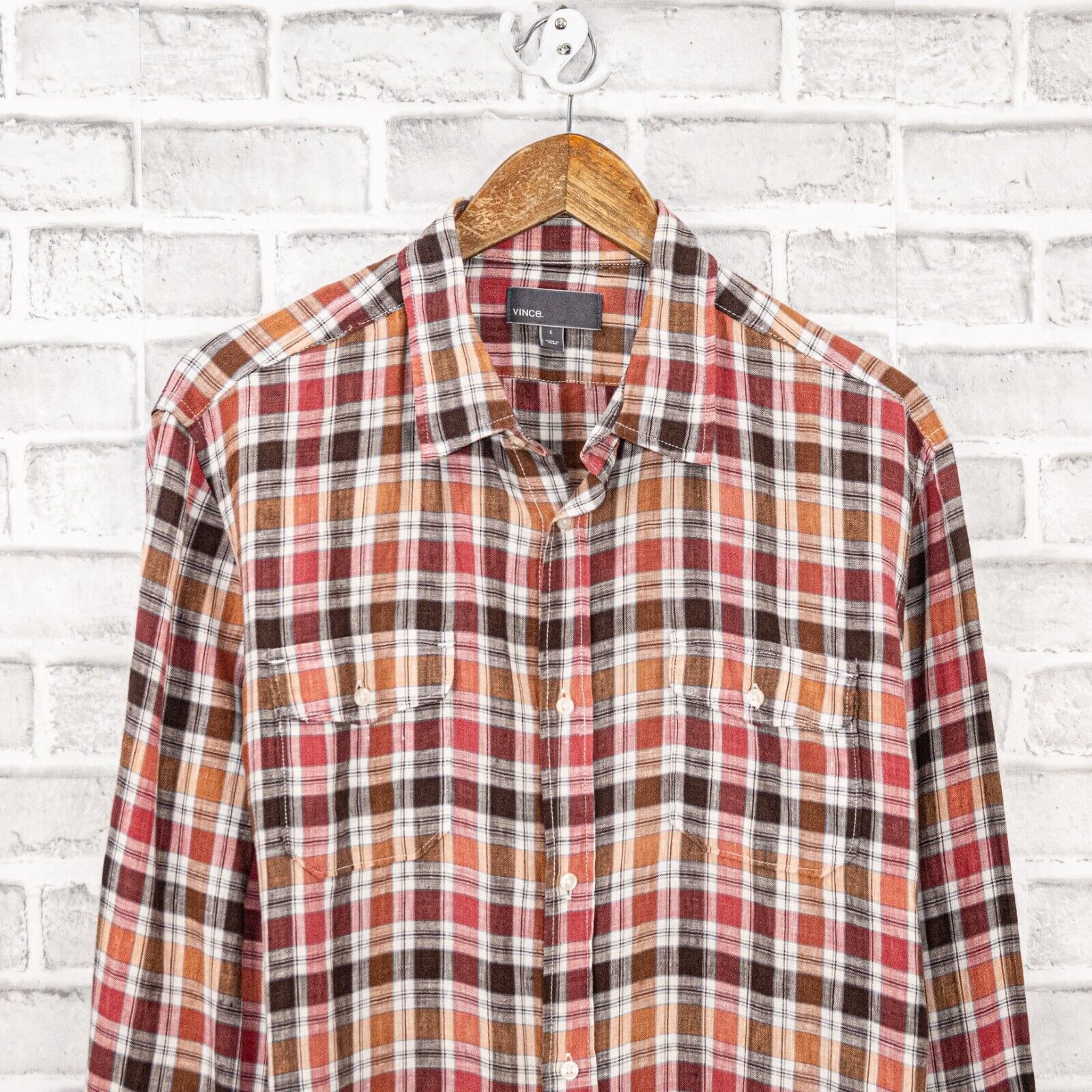 Vince VINCE 100% Linen Button Down Shirt in Multi color Plaid Size US L / EU 52-54 / 3 - 3 Thumbnail