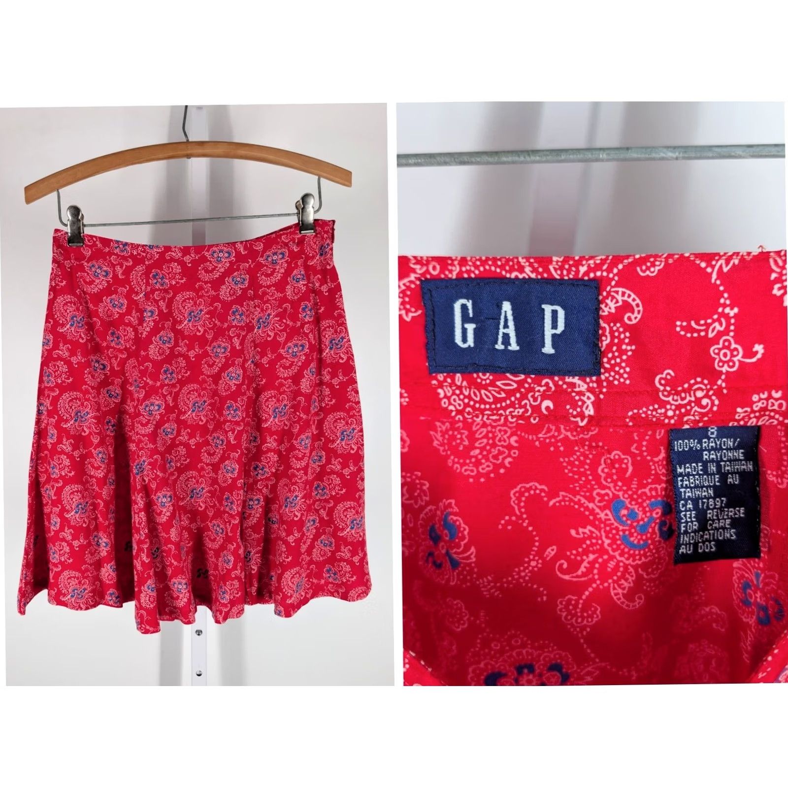 Gap VINTAGE Gap Skirt A-Line Women's S Red Blue Paisley Floral Rayon 29" 90s Bohemian Size 28" / US 6 / IT 42 - 2 Thumbnail