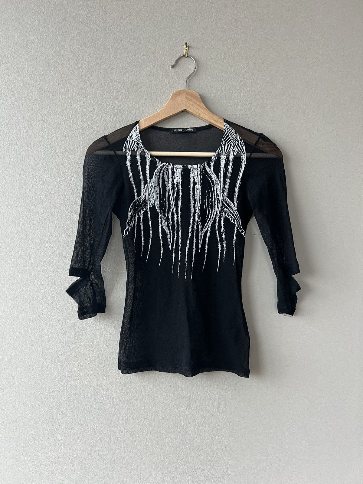 image of Helmut Lang Ss96 Printed Sheer Elbow-Slit Tee in Black, Women's (Size Small)