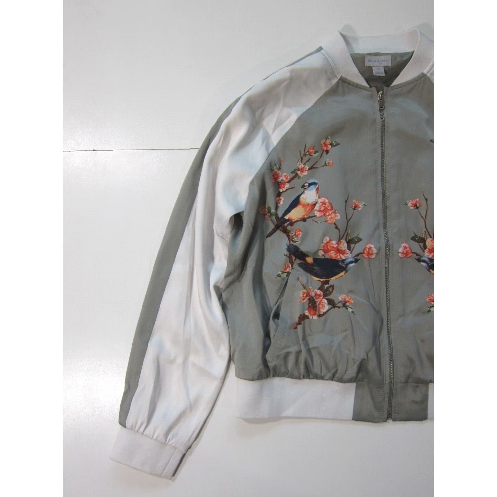 Vintage Belle Sky Jacket Women M Floral Bird Zip Satin Grey White Pink Windbreaker Track Coat Size M / US 6-8 / IT 42-44 - 6 Thumbnail