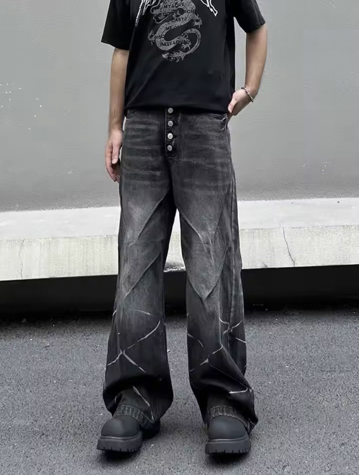 Cyber Y2K Streetwear Lightning Pattern Pleated Baggy Jeans