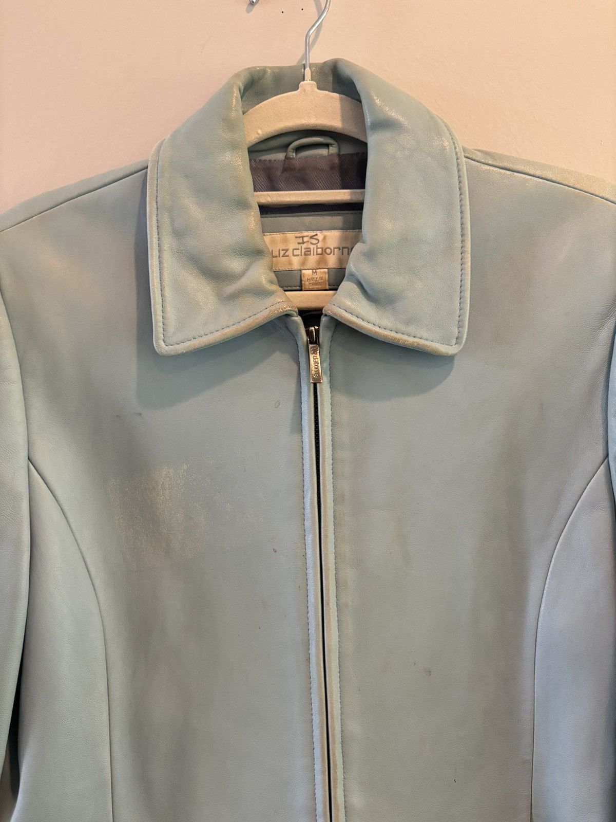 Liz Claiborne Vintage Liz Claiborne Stained Light Blue Leather Jacket Size L / US 10 / IT 46 - 2 Thumbnail