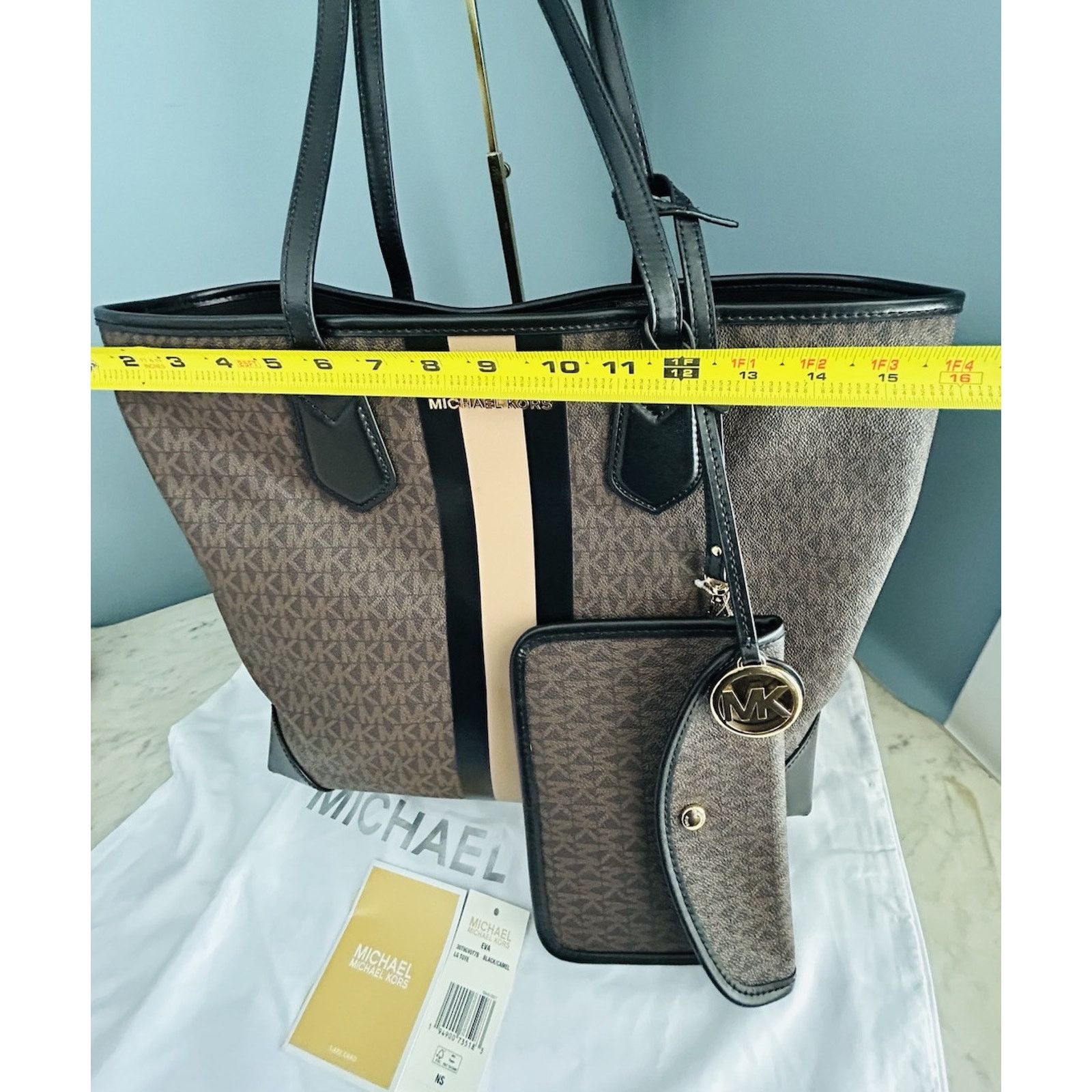 Michael Kors Michael Kors Eva Large Stripe Tote Bag Pouch Black Camel NWT Size ONE SIZE - 10 Thumbnail