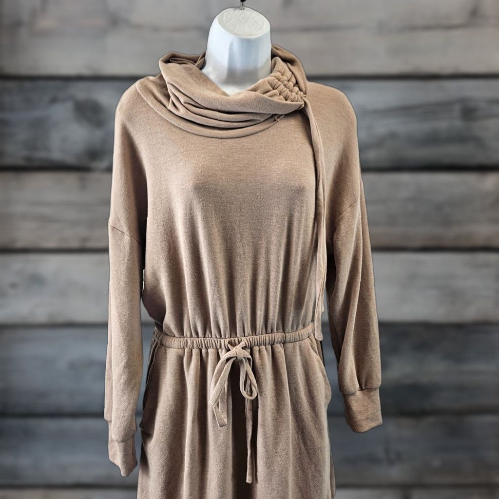 Vintage Gilli Womens Cowl Neck Dress Sz S Tan Long Sleeve Drawstring Waist Dress Size S / US 4 / IT 40 - 1 Thumbnail