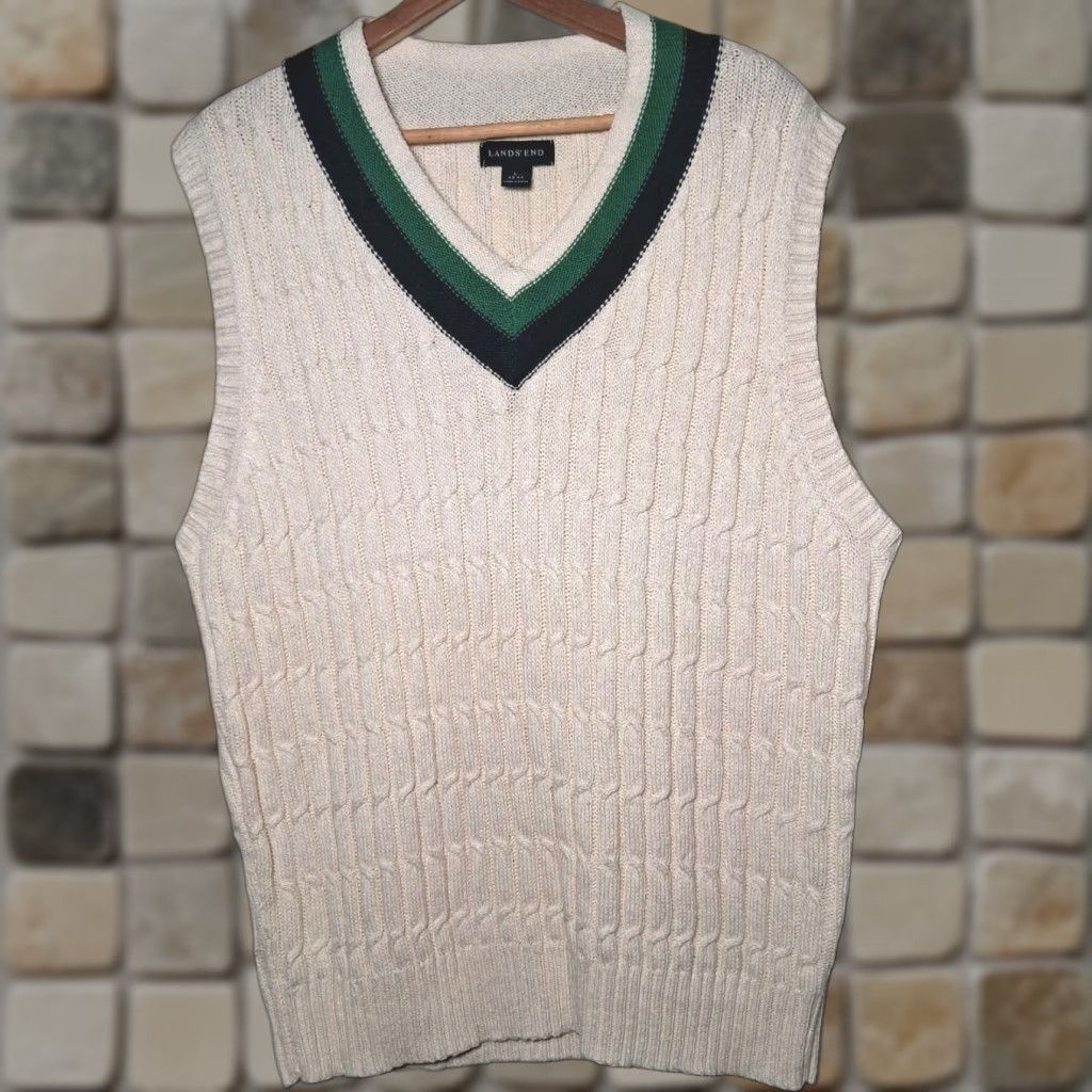 Lands' End Lands' End Sweater Vest Men L V-Neck Cable Knit Ivory Academia Preppy Linen Blend Vest Size US L / EU 52-54 / 3 - 1 Thumbnail