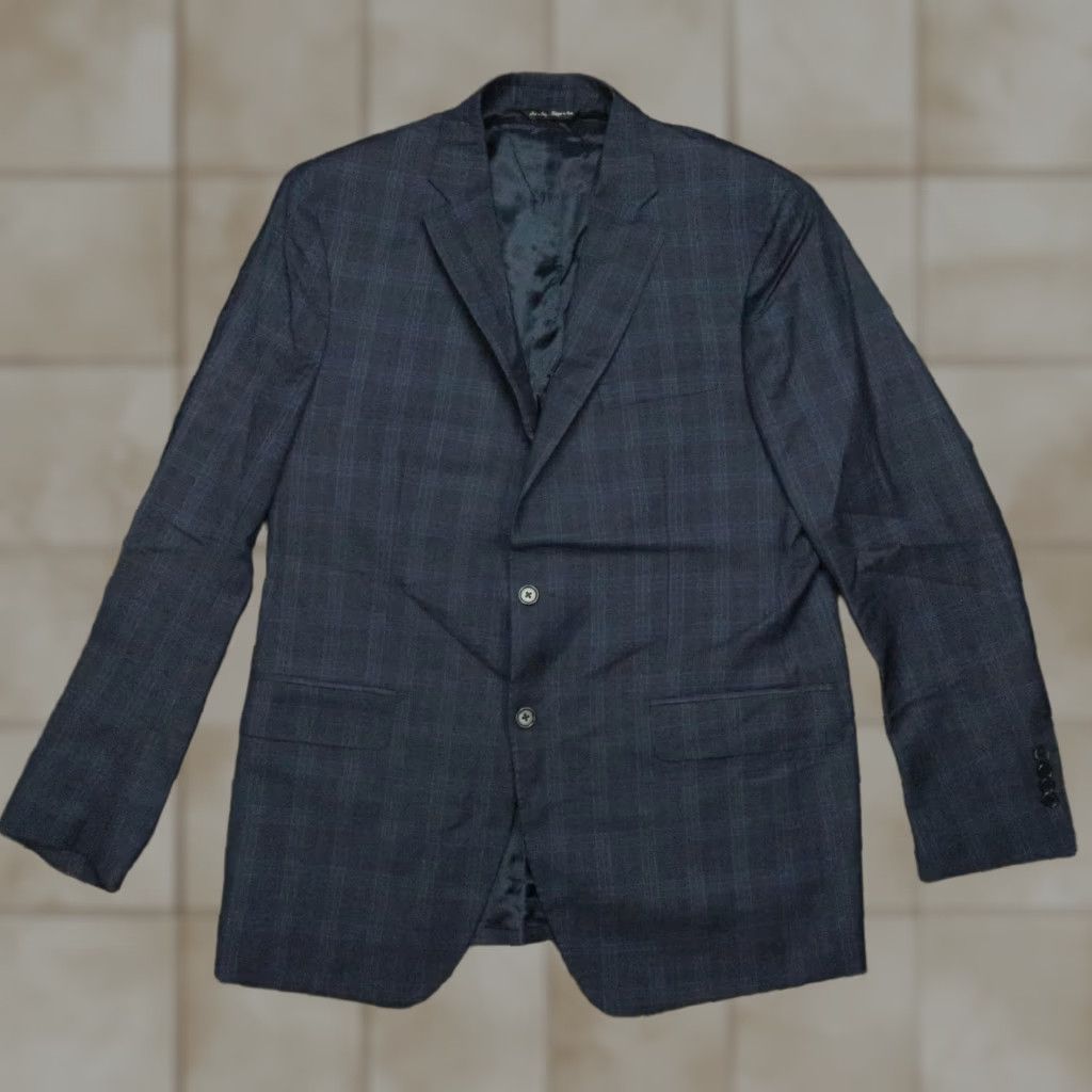 Saks Fifth Avenue Modern Fit Blazer Mens 42 Long Blue Plaid Wool Ermenegildo Zegna Made in Italy