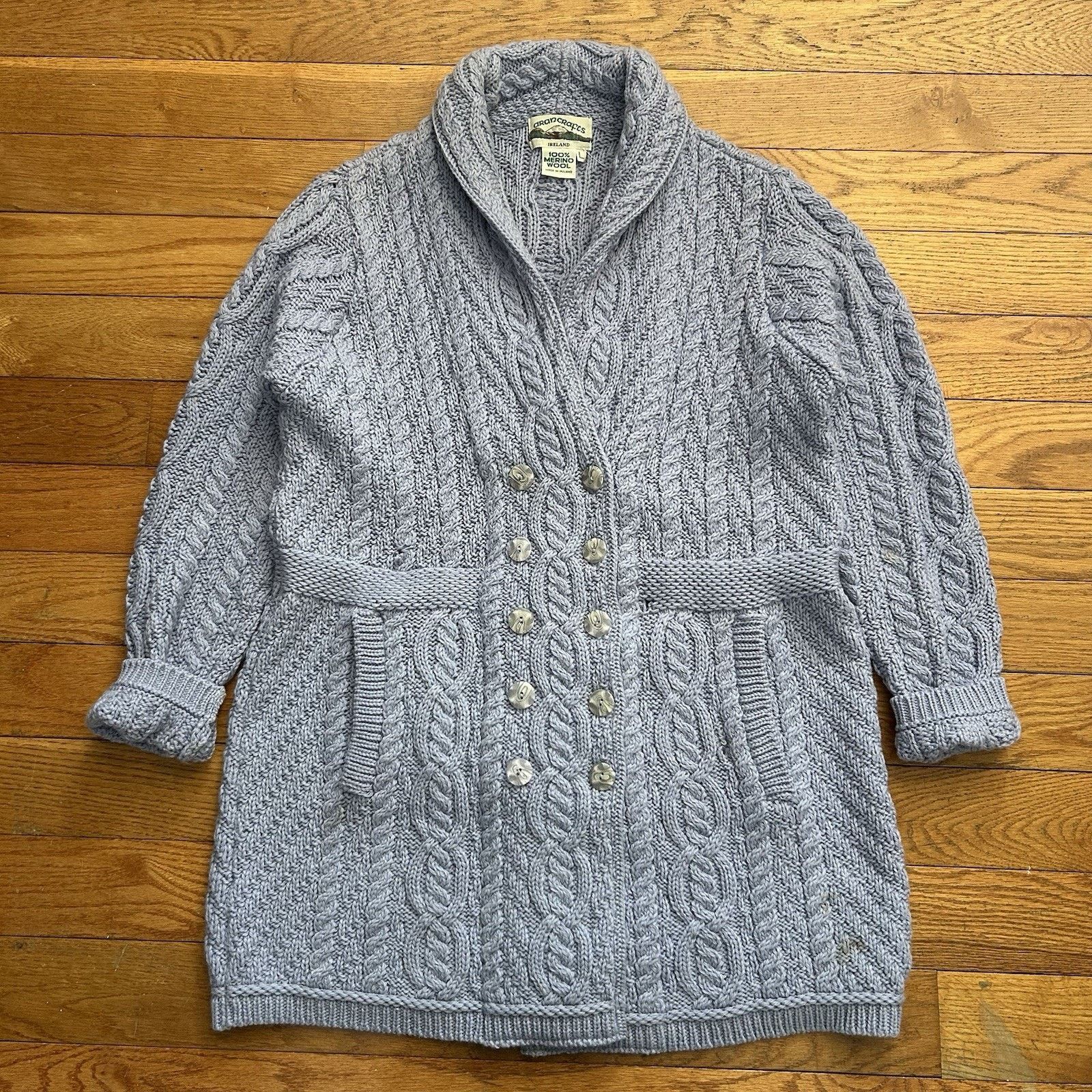 Aran Crafts Merino Wool Cable Knit Double Breasted Long Cardigan Sweater Size L / US 10 / IT 46 - 1 Thumbnail