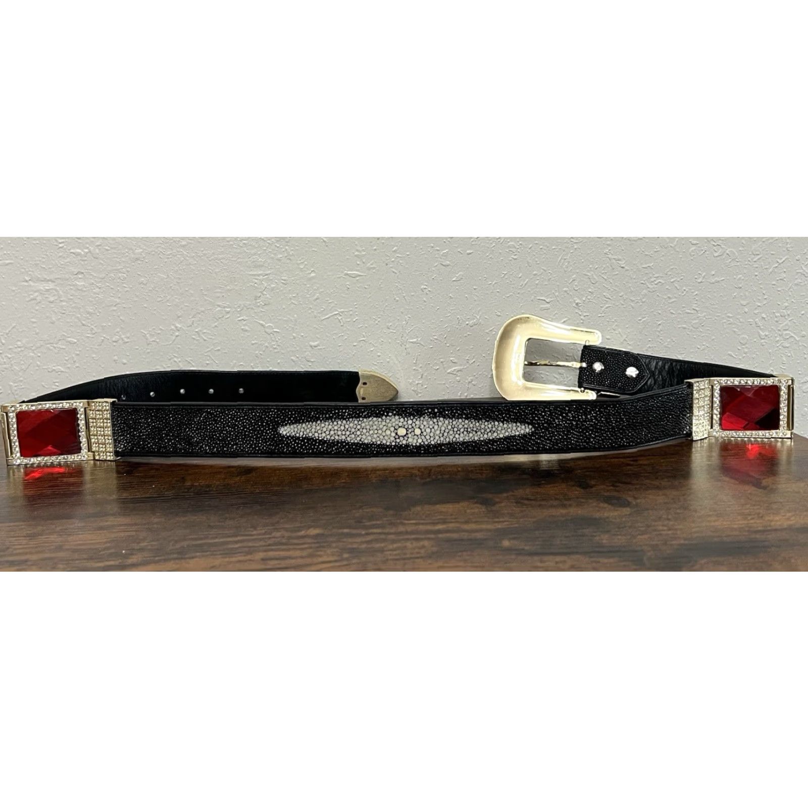 Vintage VINTAGE Los Altos Boots Belt Western Cowboy Stingray Buckle Rhinestone 36 Black Mens Buckle Bling 90s Size 36 - 3 Thumbnail