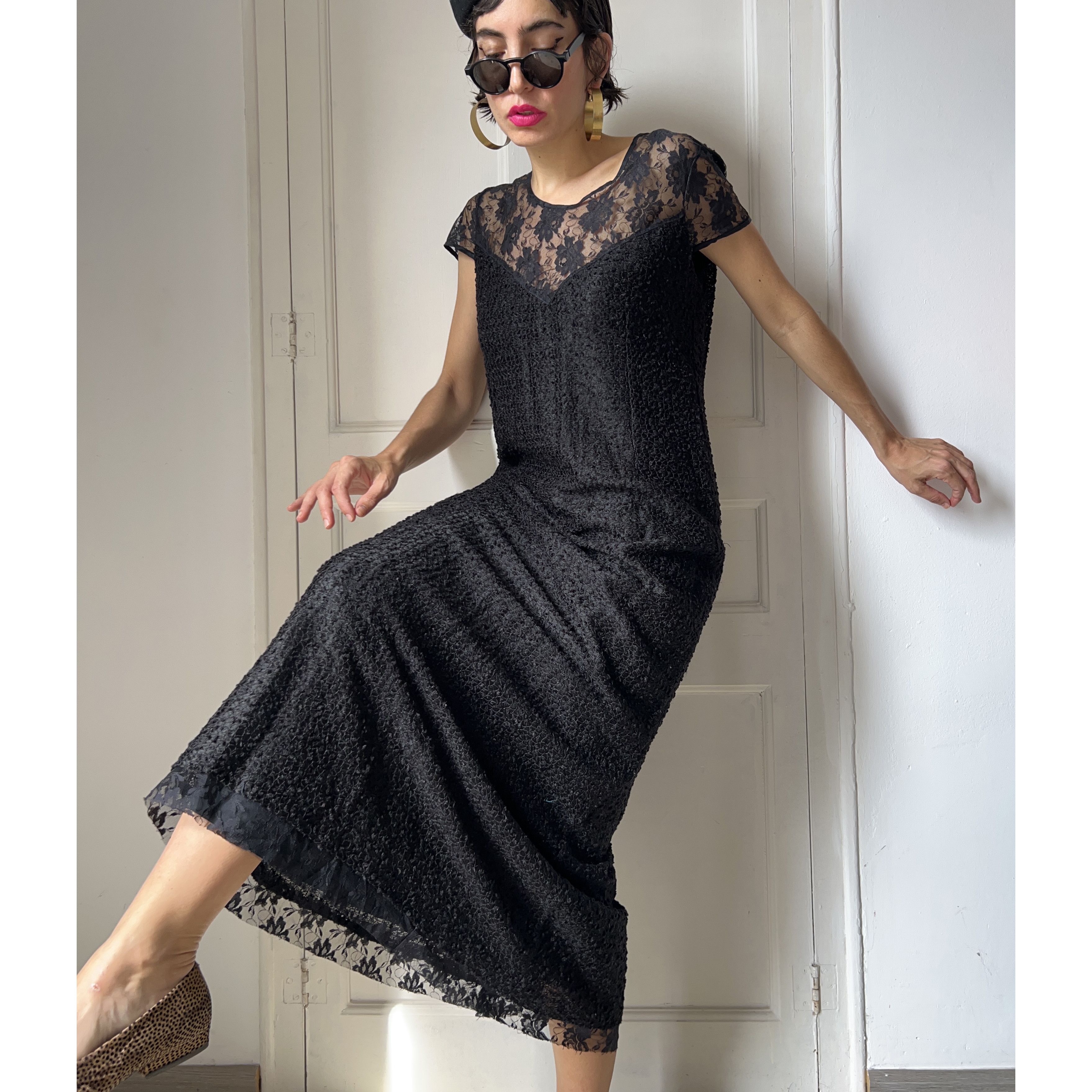 Vintage Vintage 90s Black Bouclé Lace Maxi Dress Size M / US 6-8 / IT 42-44 - 8 Thumbnail