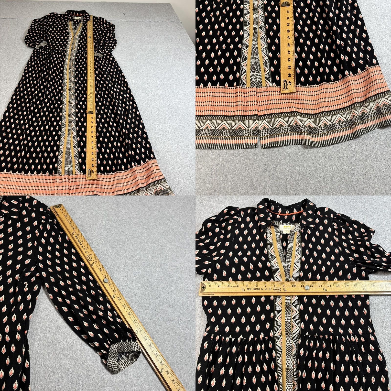 Vintage Maeve Shirt Dress Women 8 Black Geometric Maxi Belted Boho Pockets Size M / US 6-8 / IT 42-44 - 9 Thumbnail
