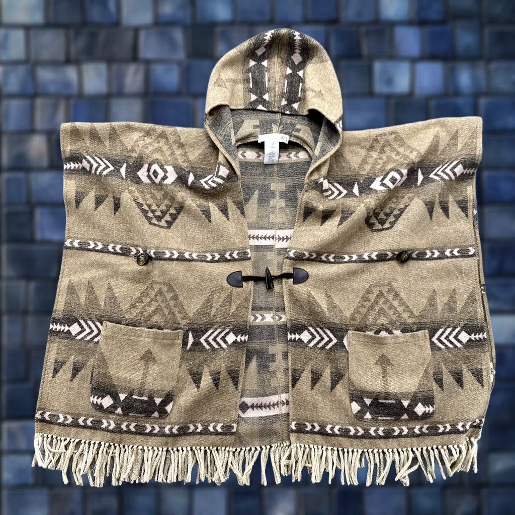 Vintage Artisan Crafted Democracy Hooded Poncho - Brown Fringe Aztec Southwest Size Small Size ONE SIZE - 1 Thumbnail