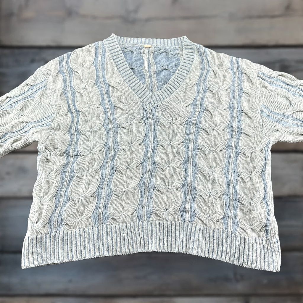 Free People Free People Sweater Shirt Womens Small Blue V-Neck Cable-Knit Pullover Wool Cotton Acrylic Washed 90s Vintage No Size S / US 4 / IT 40 - 1 Thumbnail