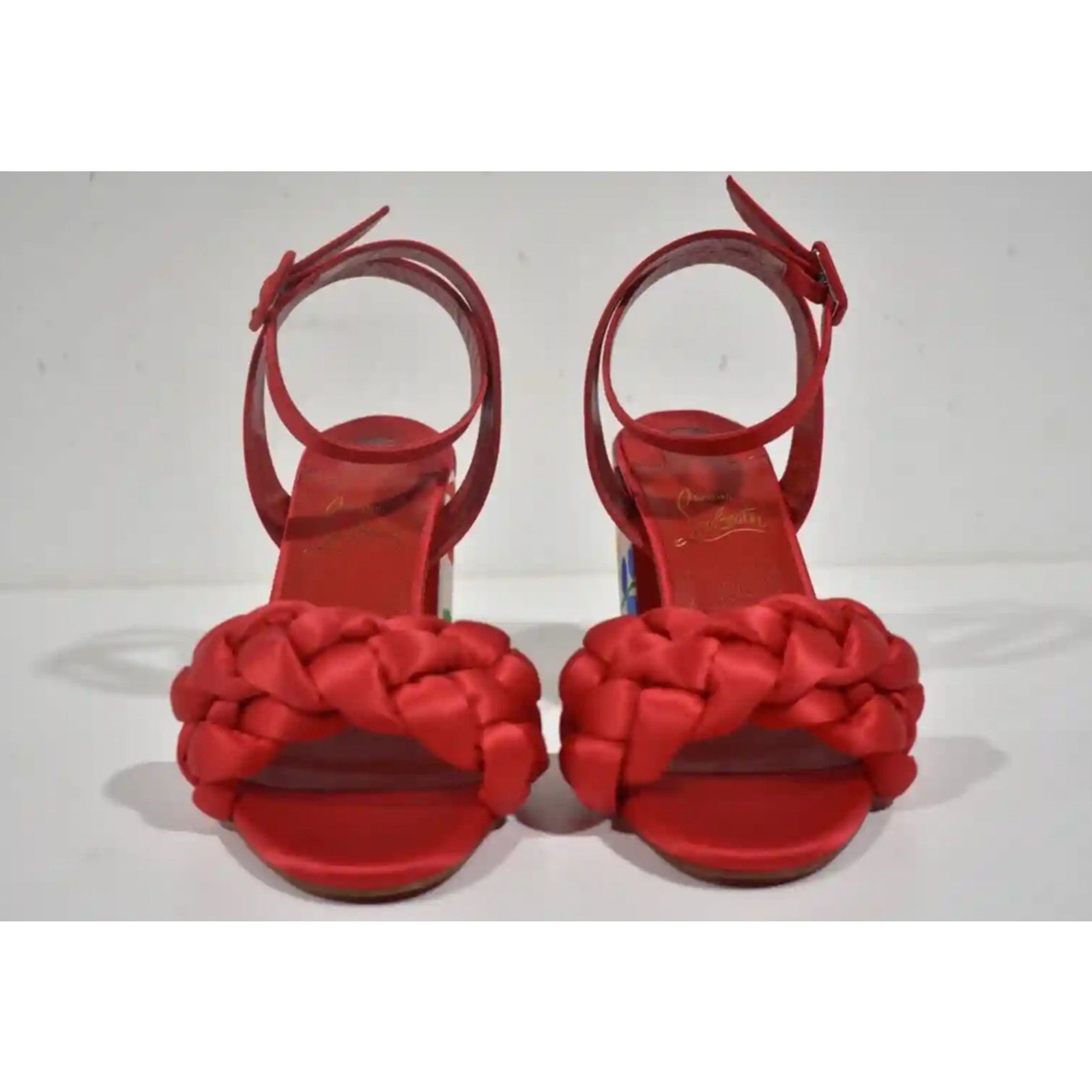 Christian Louboutin Brio 85 Red Floral Ankle Strap Sandal Block Heel Pump 37 Size US 7 / IT 37 - 7 Thumbnail