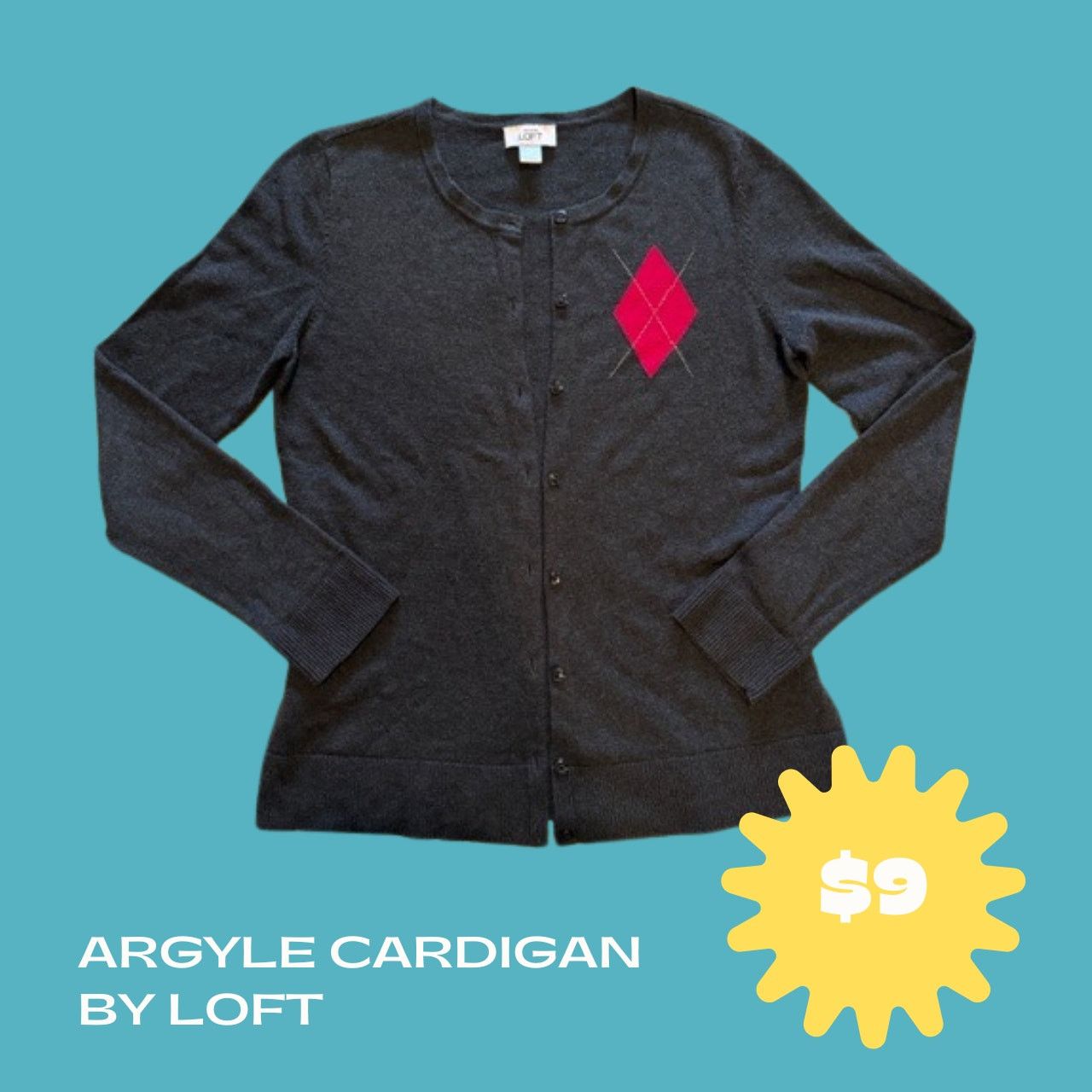 Loft Loft Modern Cardigan in Dark Gray with Argyle Pink, Size M Size M / US 6-8 / IT 42-44 - 1 Thumbnail