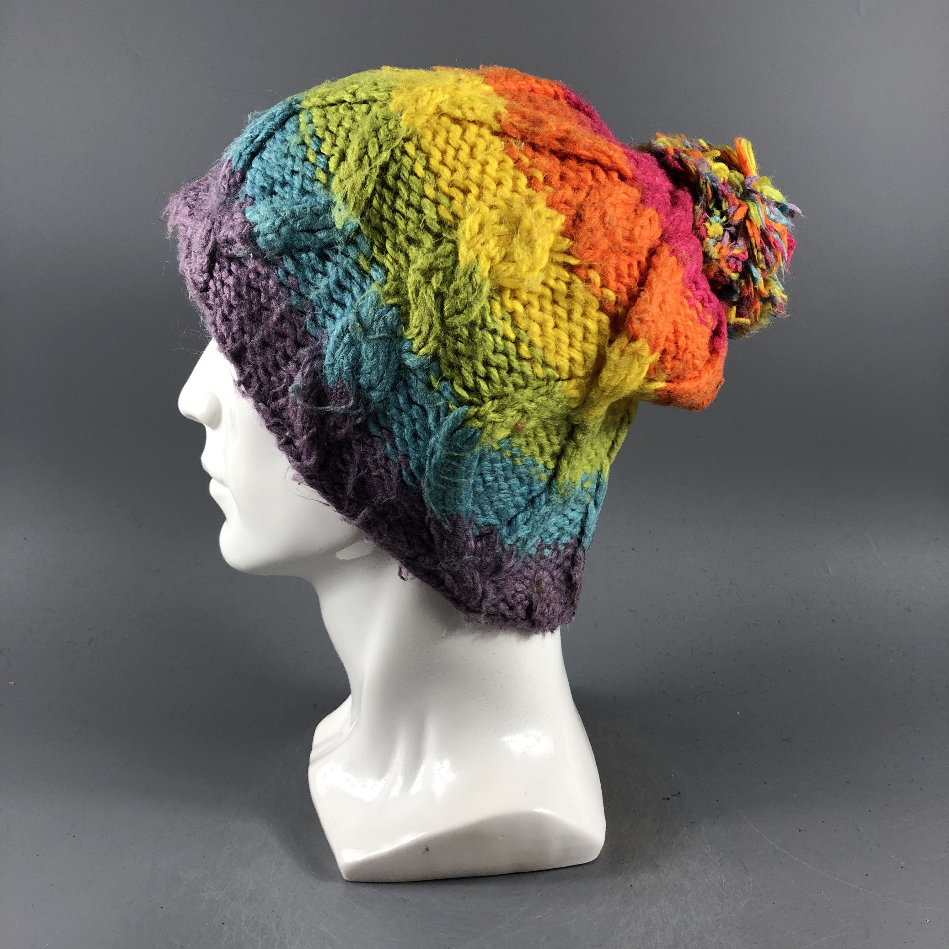 image of Vintage Multicolor Stripe Pom Pom Beanie Hat Snow Cap D537, Men's