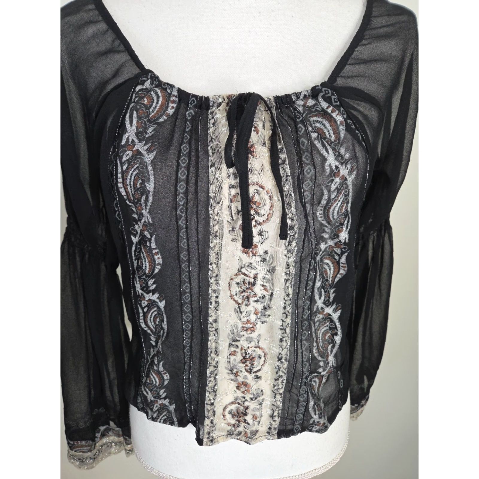 Vintage VINTAGE VERO MODA Blouse Shirt Womens Small Black Paglish Paisley Witchy Bohemian Sheer Bell Sleeve Top Blouse Size S / US 4 / IT 40 - 3 Thumbnail