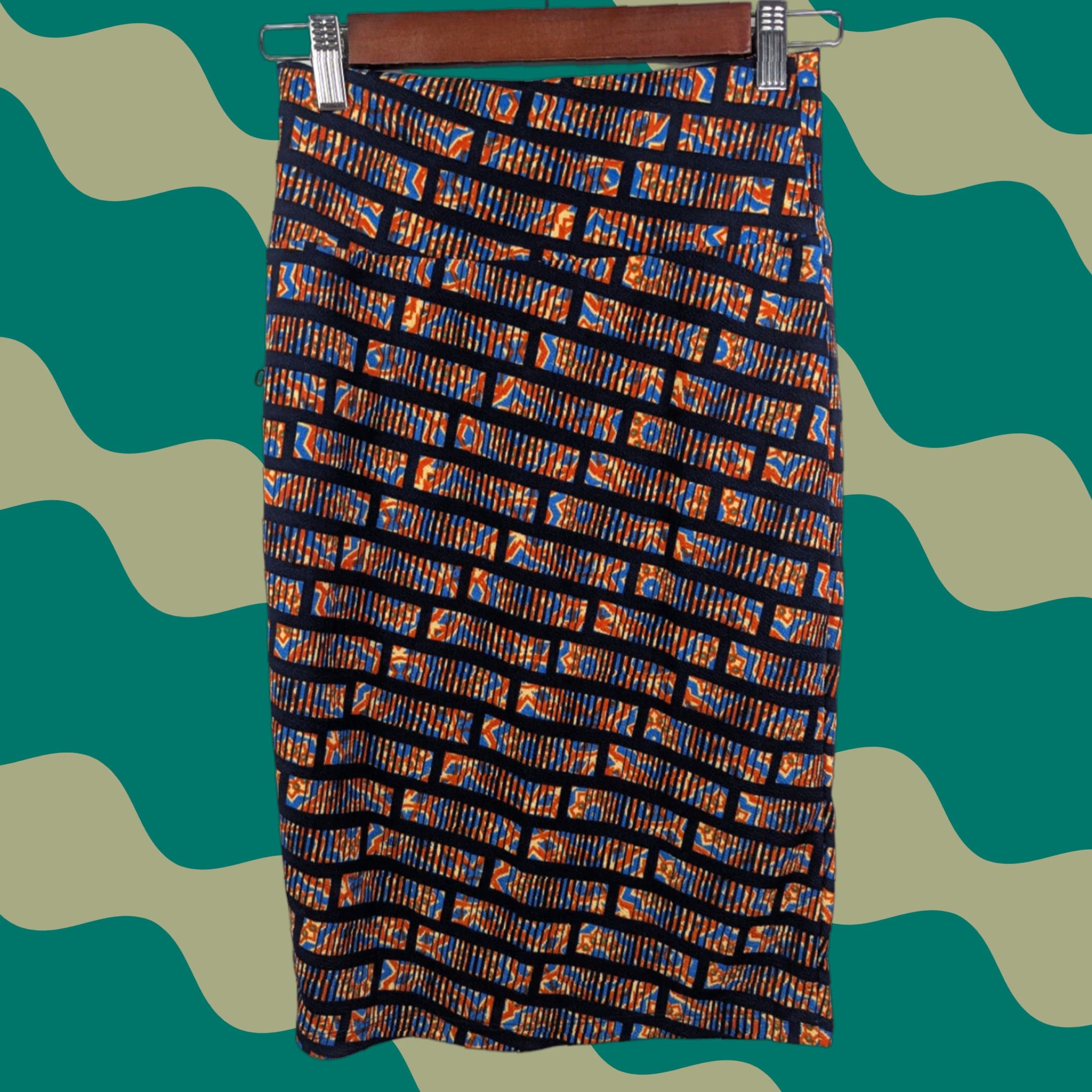 Vintage NWT LuLaRoe Cassie Pull-On Midi Skirt XS Orange Geometric Print Rectangle Aztec Size 26" / US 2 / IT 38 - 1 Thumbnail