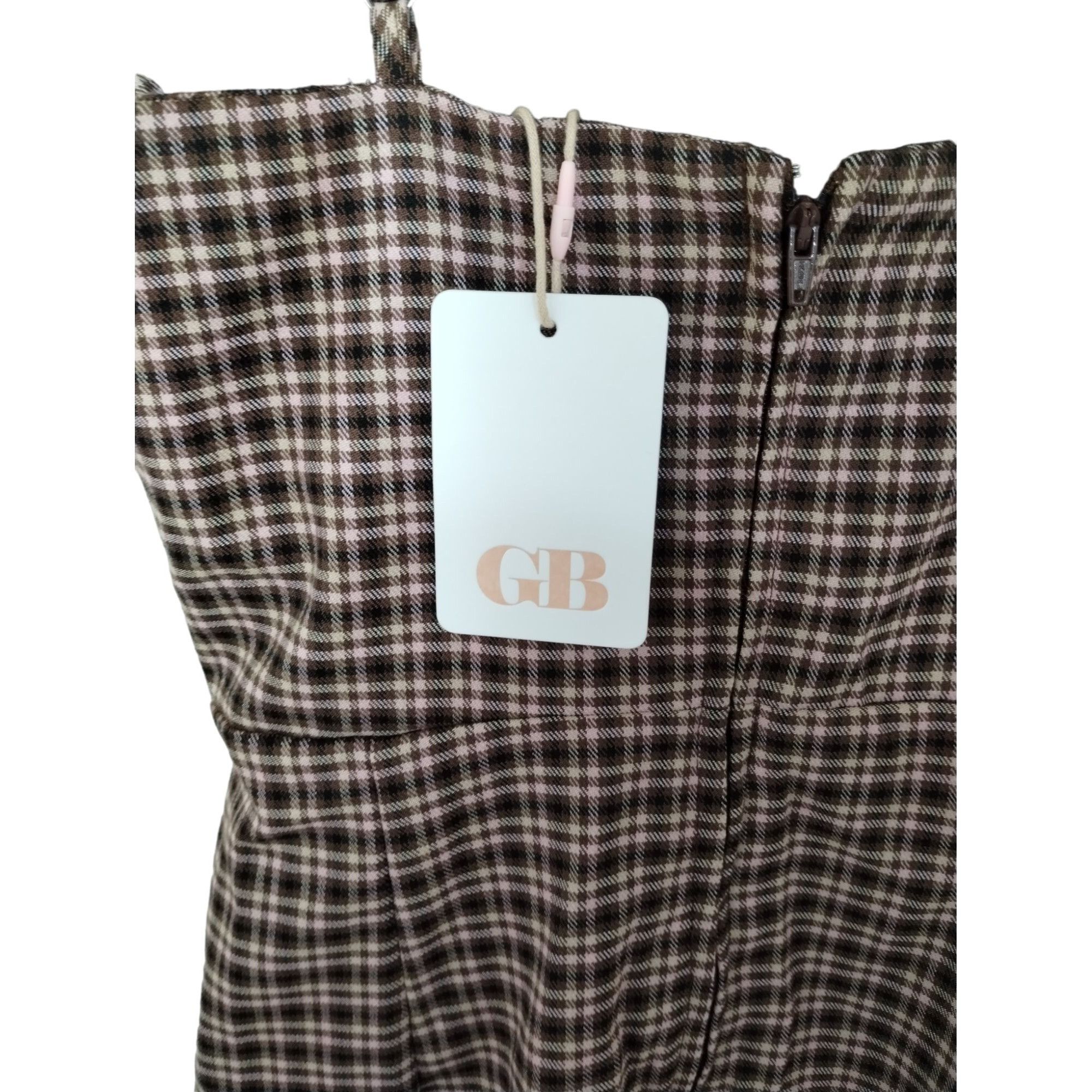 GB GB Juniors M Brown and Pink Plaid Mini Dress with Square Nec Size M / US 6-8 / IT 42-44 - 5 Thumbnail