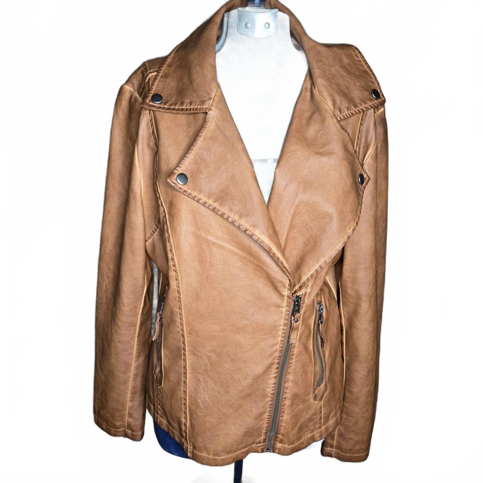 Designer MAX STUDIO Womens Large Tan Cognac Faux Leather Jacket C2 Size L / US 10 / IT 46 - 1 Thumbnail