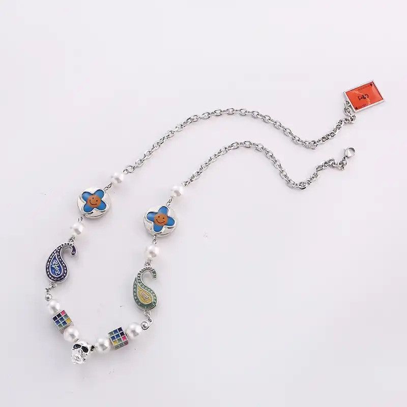 Jewelry × Vintage Petal Cross Wild Round Bead Skull Hip Hop Couple Necklace Size ONE SIZE - 2 Thumbnail