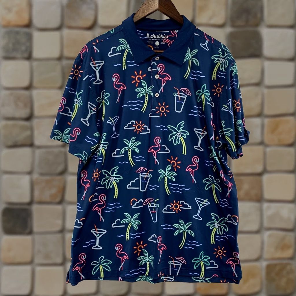Chubbies Chubbies Polo Shirt Men Large Navy Blue Flamingo Palm Tree Tropical Stretch Size US L / EU 52-54 / 3 - 1 Thumbnail