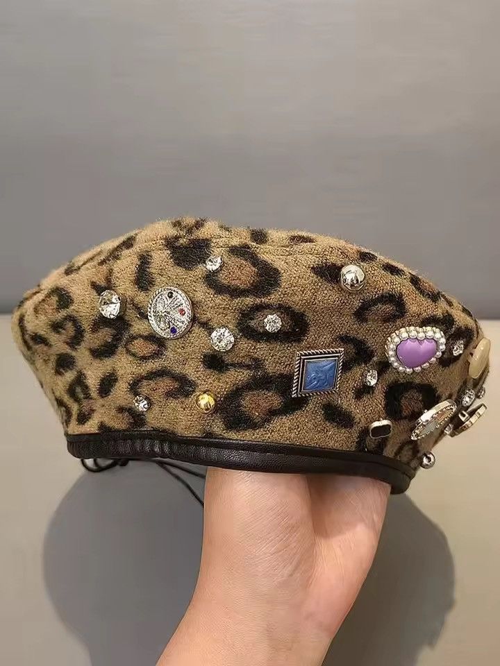 Vintage Buttons Diamonds Rhinestone Leopard Printed Berets Hat Size ONE SIZE - 5 Thumbnail