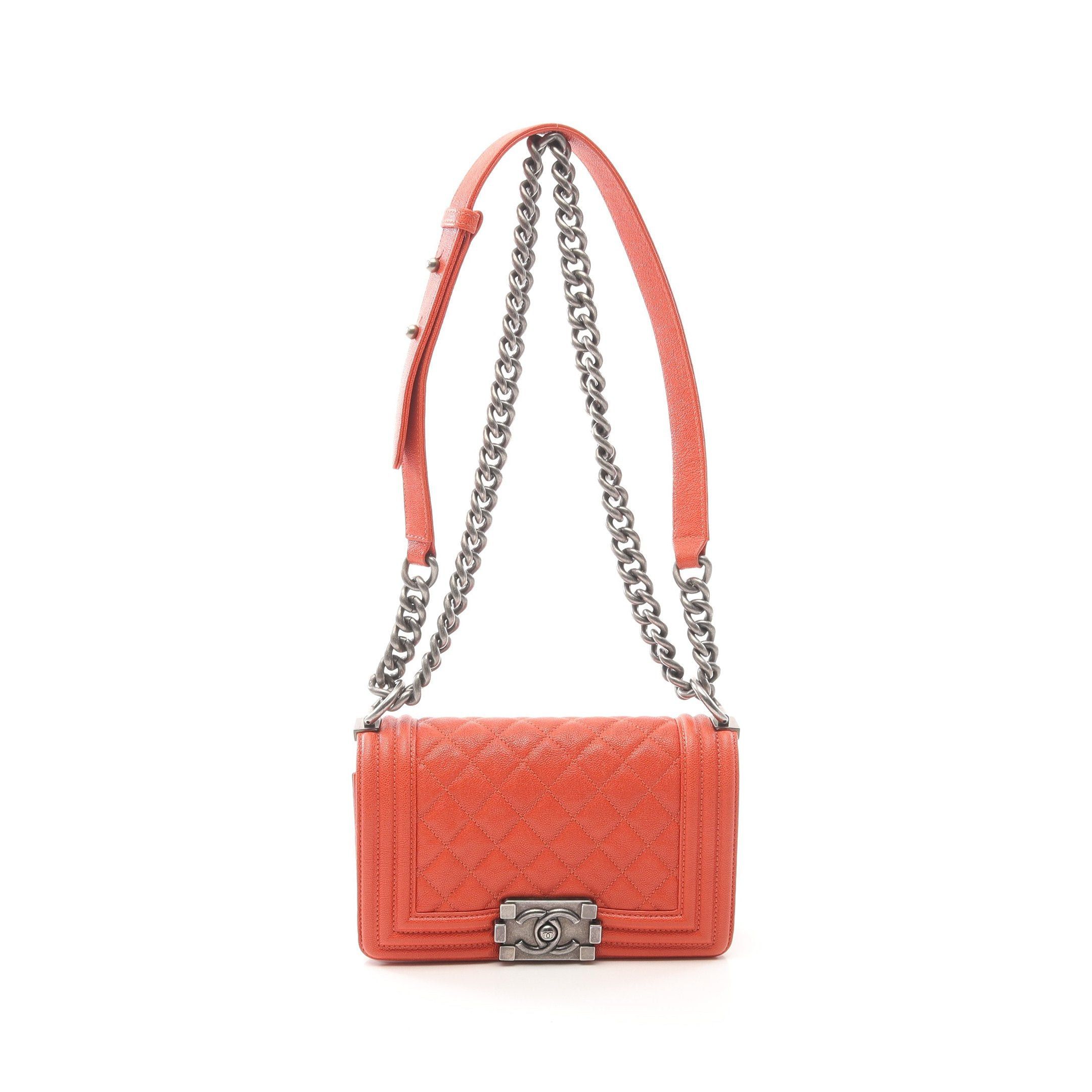 Chanel Boy Chanel Small Chain Shoulder Bag Caviar Skin Orange Antique Silver Hardware, Women's