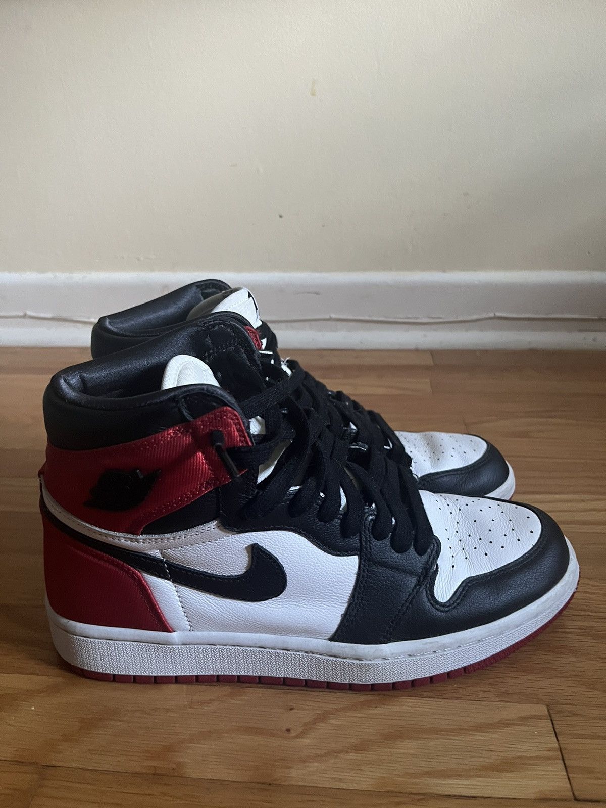 image of Nike Jordan 1 High Top Satin Black Toe Shoes in Red, Women's (Size 8)