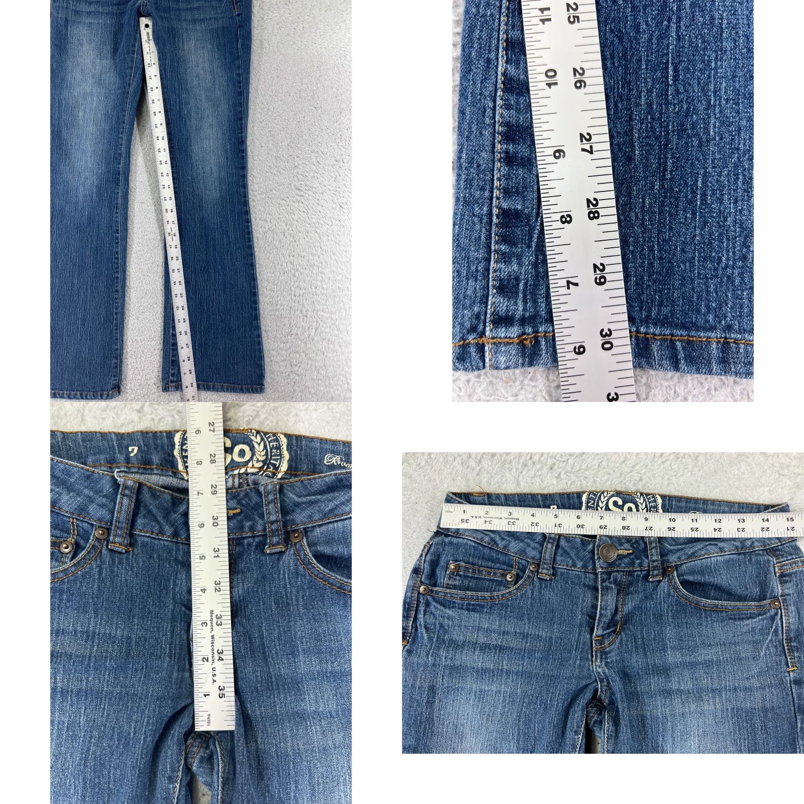 Vintage VINTAGE American Heritage Women's Jeans Bootcut Low Rise 7 Blue Denim Stretch Distressed 30-inch Inseam Size 28" / US 6 / IT 42 - 8 Thumbnail
