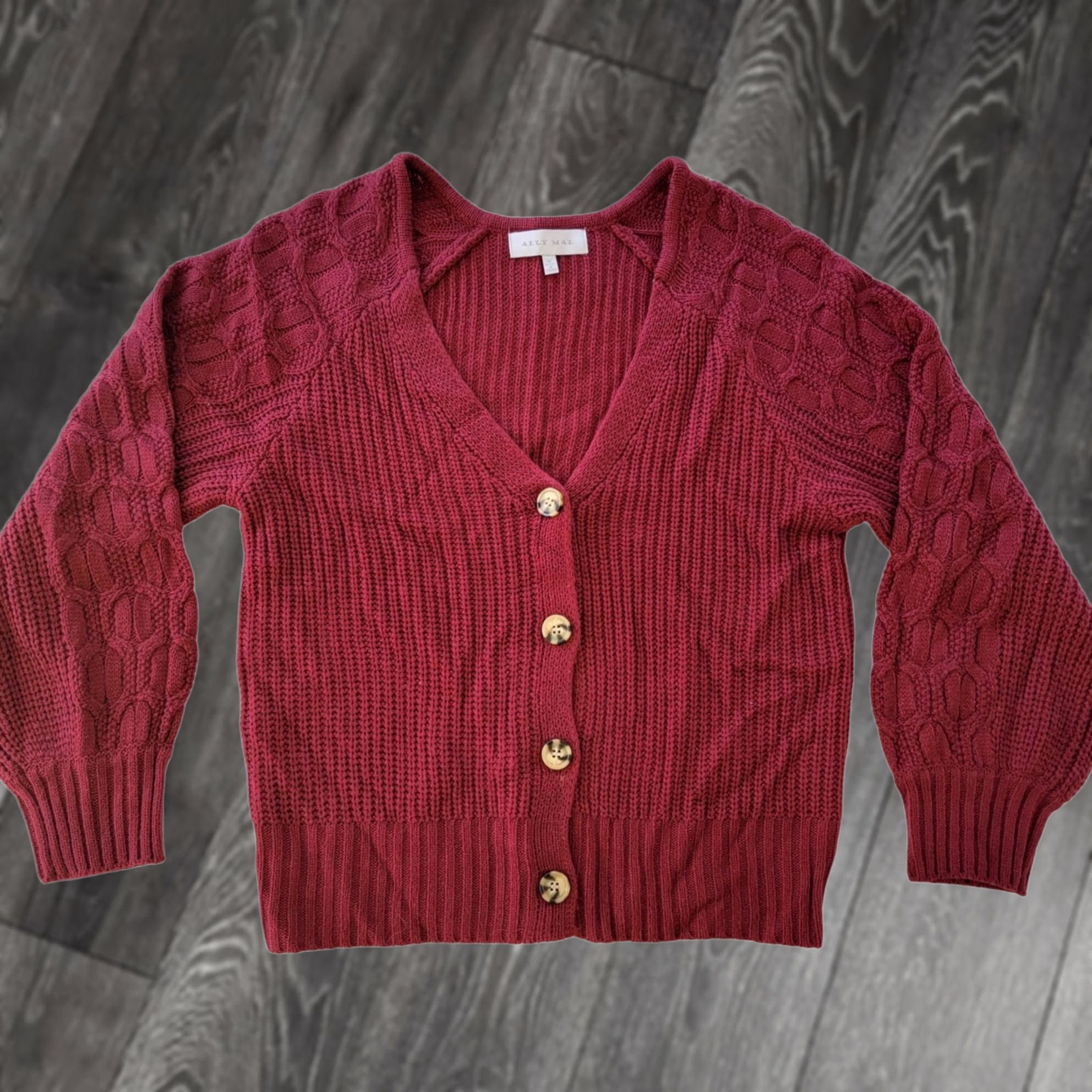 Vintage Ally Mae Cable Knit Cardigan Sweater Women M Burnt Red Lantern Sleeve Buttons Size M / US 6-8 / IT 42-44 - 1 Thumbnail
