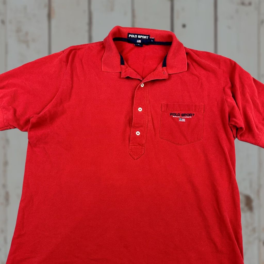 Vintage VINTAGE Polo Sport Shirt Men L Red Solid Pique Knit Flag Pocket 90s L * Size US L / EU 52-54 / 3 - 1 Thumbnail