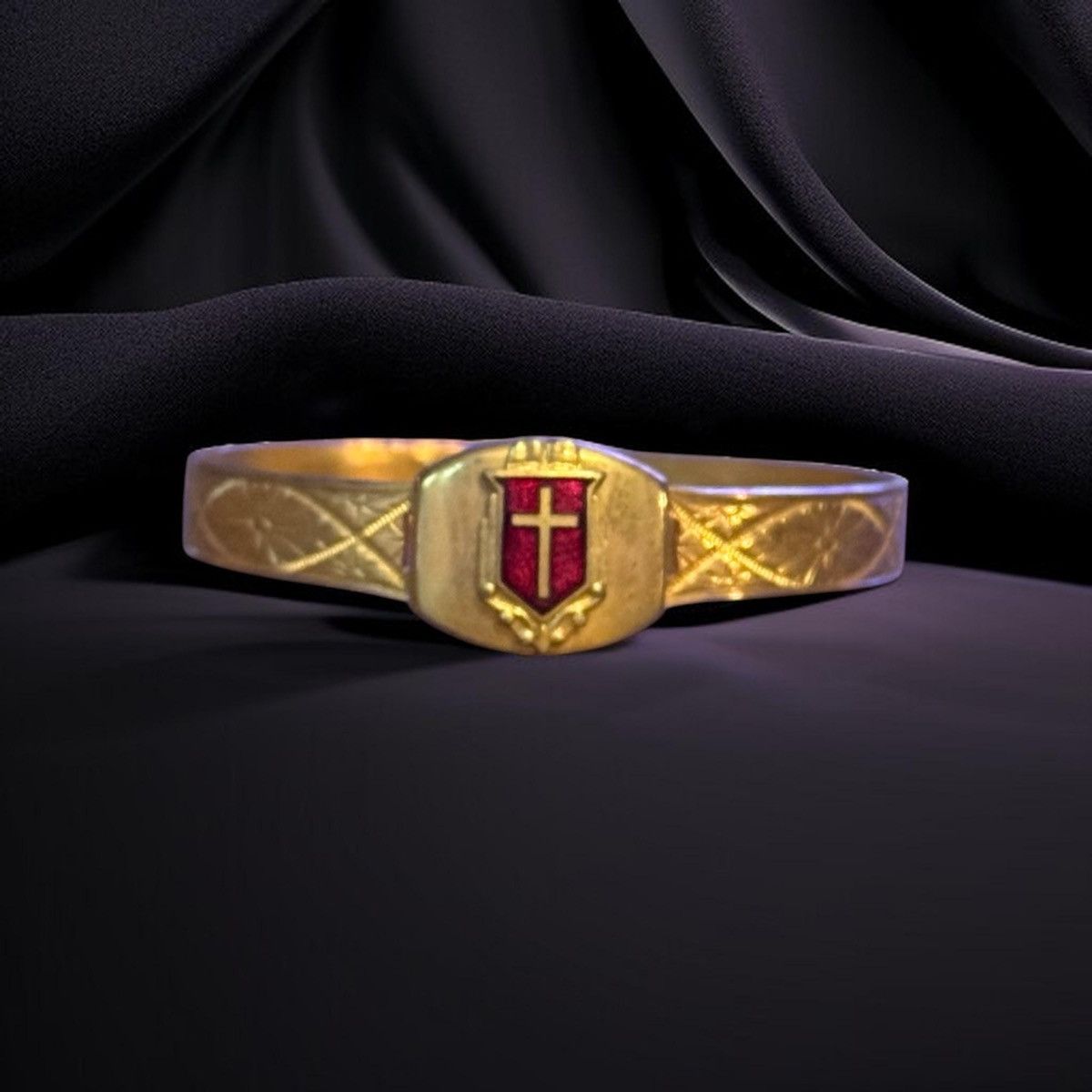 Vintage Vintage gold tone embossed red shield cross cuff bracelet Size ONE SIZE - 1 Thumbnail