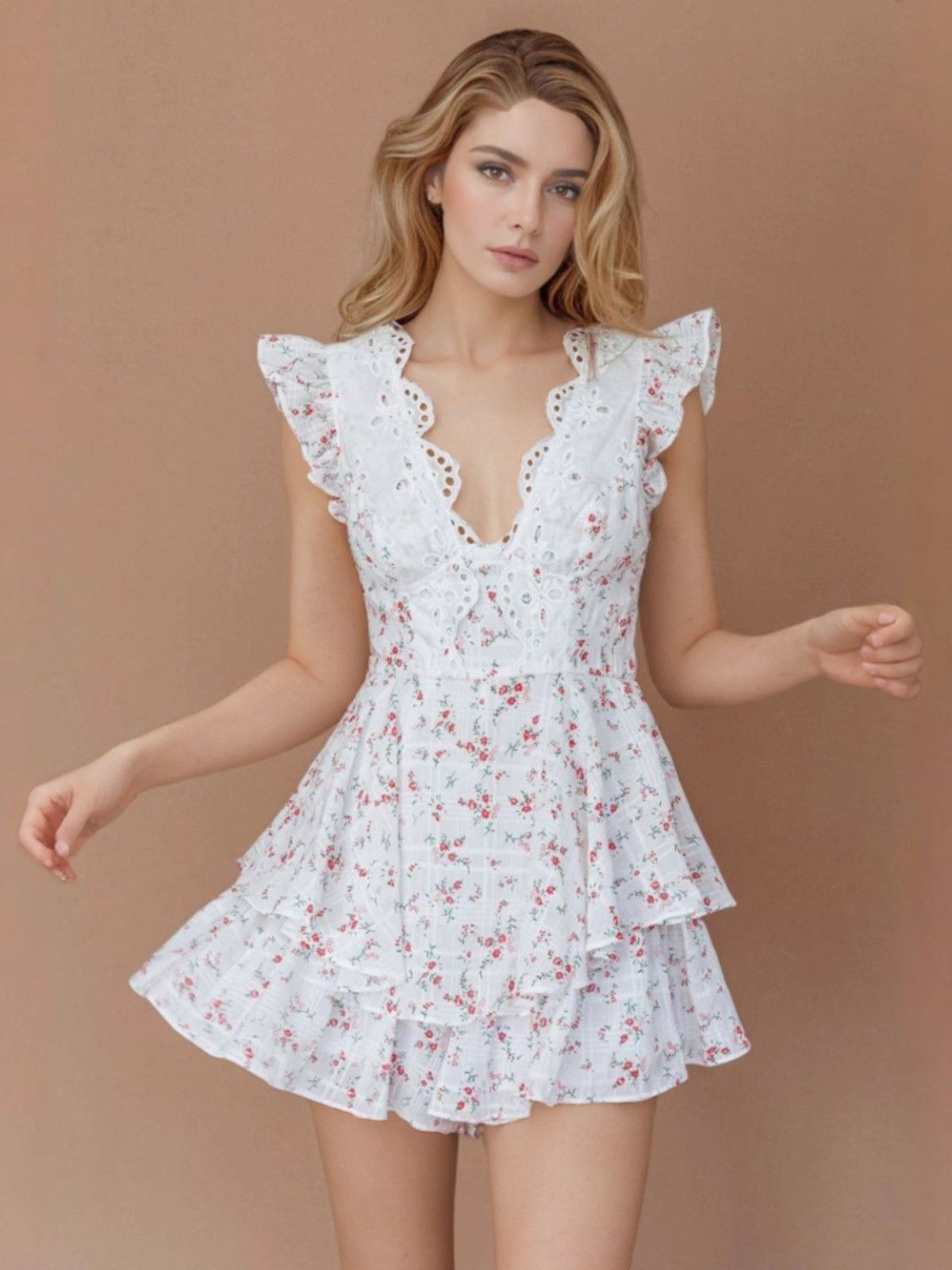 Other NWT White Floral Tiered Eyelet Mini Dress-Coquette Soft Girl Size M / US 6-8 / IT 42-44 - 1 Thumbnail
