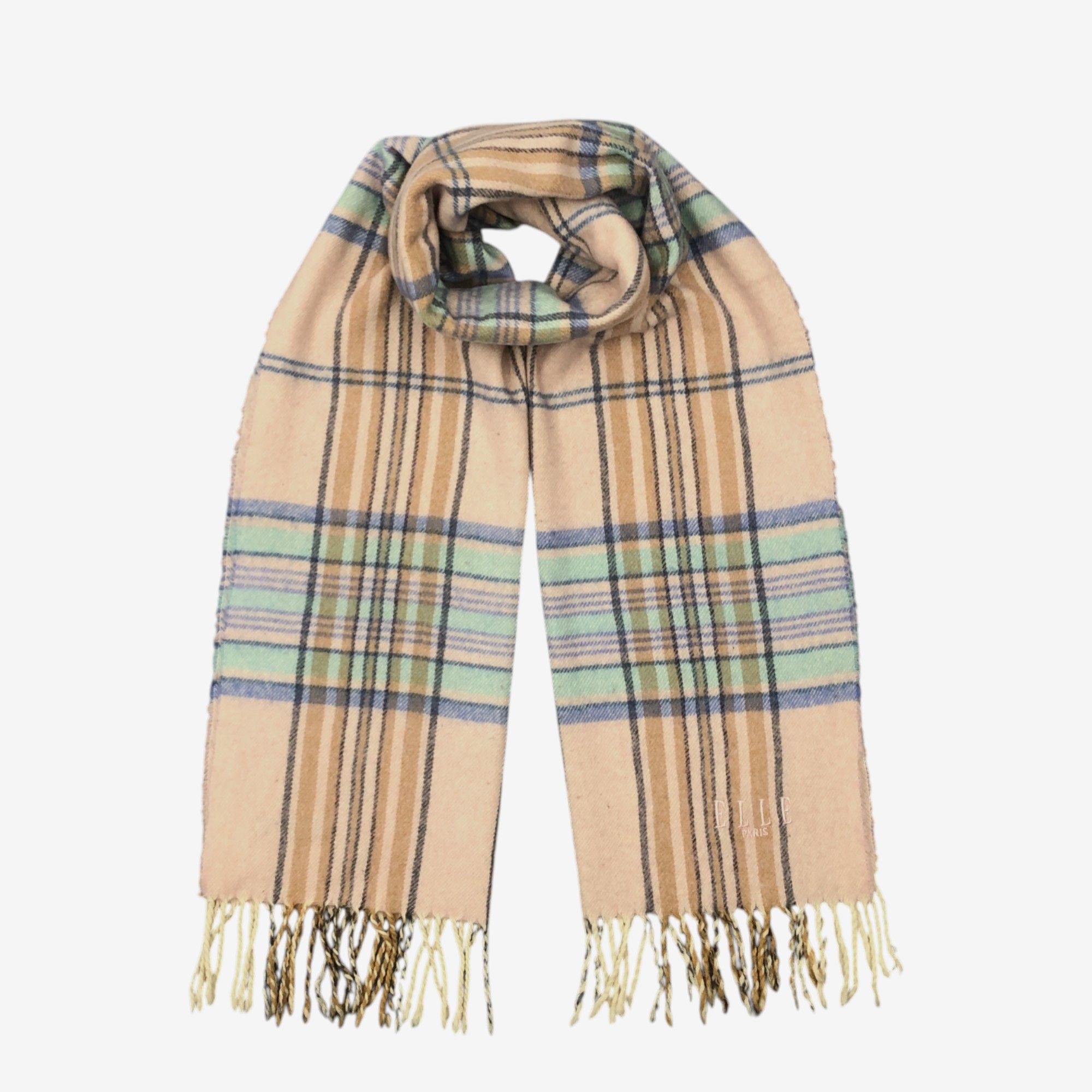 Japanese Brand Vintage ELLE Scarf Muffler Wool Plaid Fringe Winter Scarves Size ONE SIZE - 1 Thumbnail