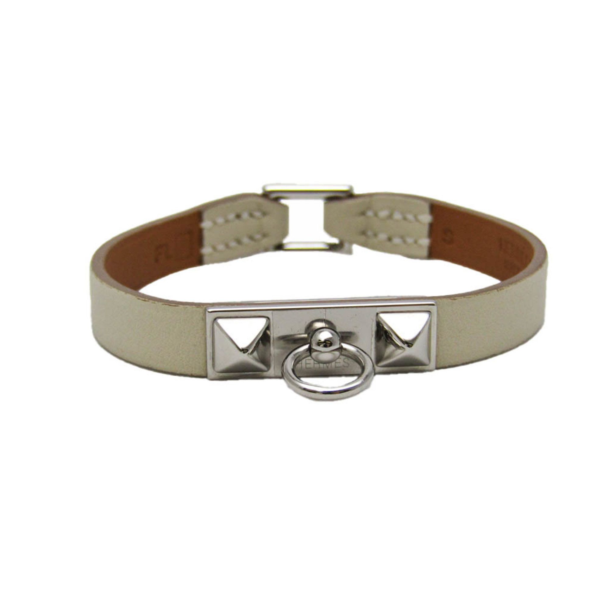 image of Hermes Rival Mini Leather,metal Bangle Cream,silver, Women's