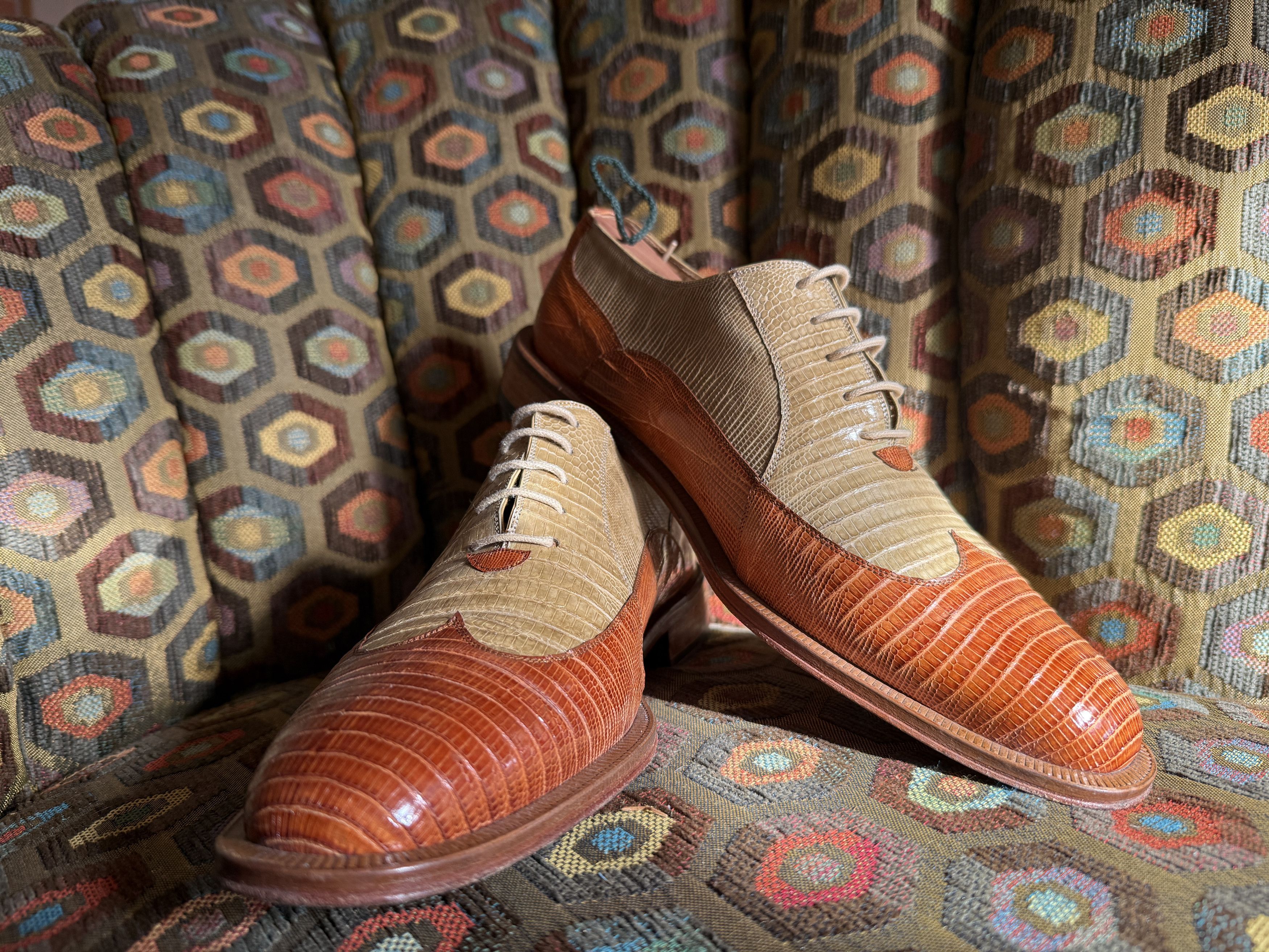 David Eden TWIST teju lizard spectators caramel/bone + box, bag, trees Size US 9 / EU 42 - 2 Thumbnail