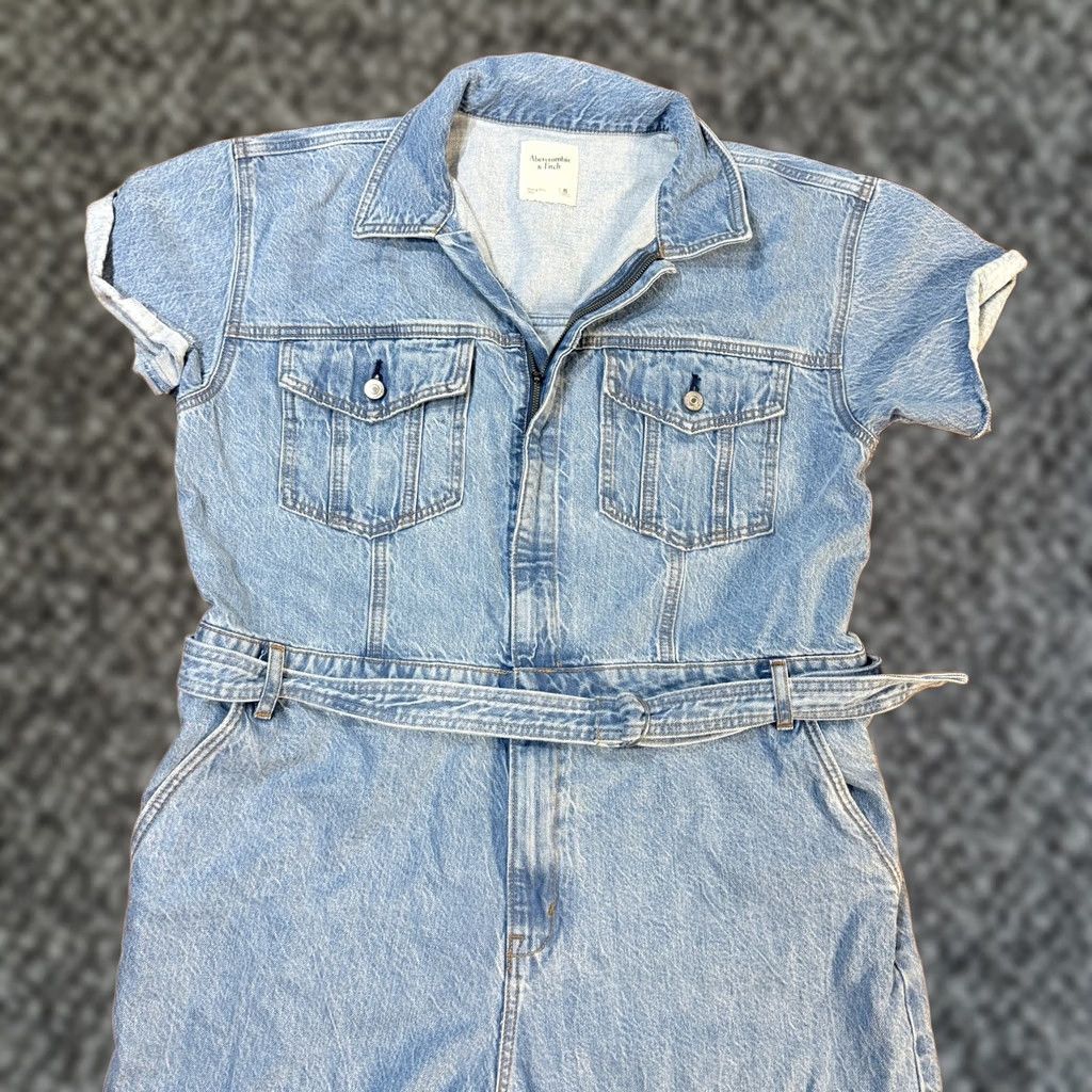 Vintage Abercrombie & Fitch Jumpsuit Women's XL Denim One-Piece Zip Straight Leg Tie Waist P15 Casual Bohemian Knit Cotton Blend Inseam 30" Size 40" / US 18 - 1 Thumbnail