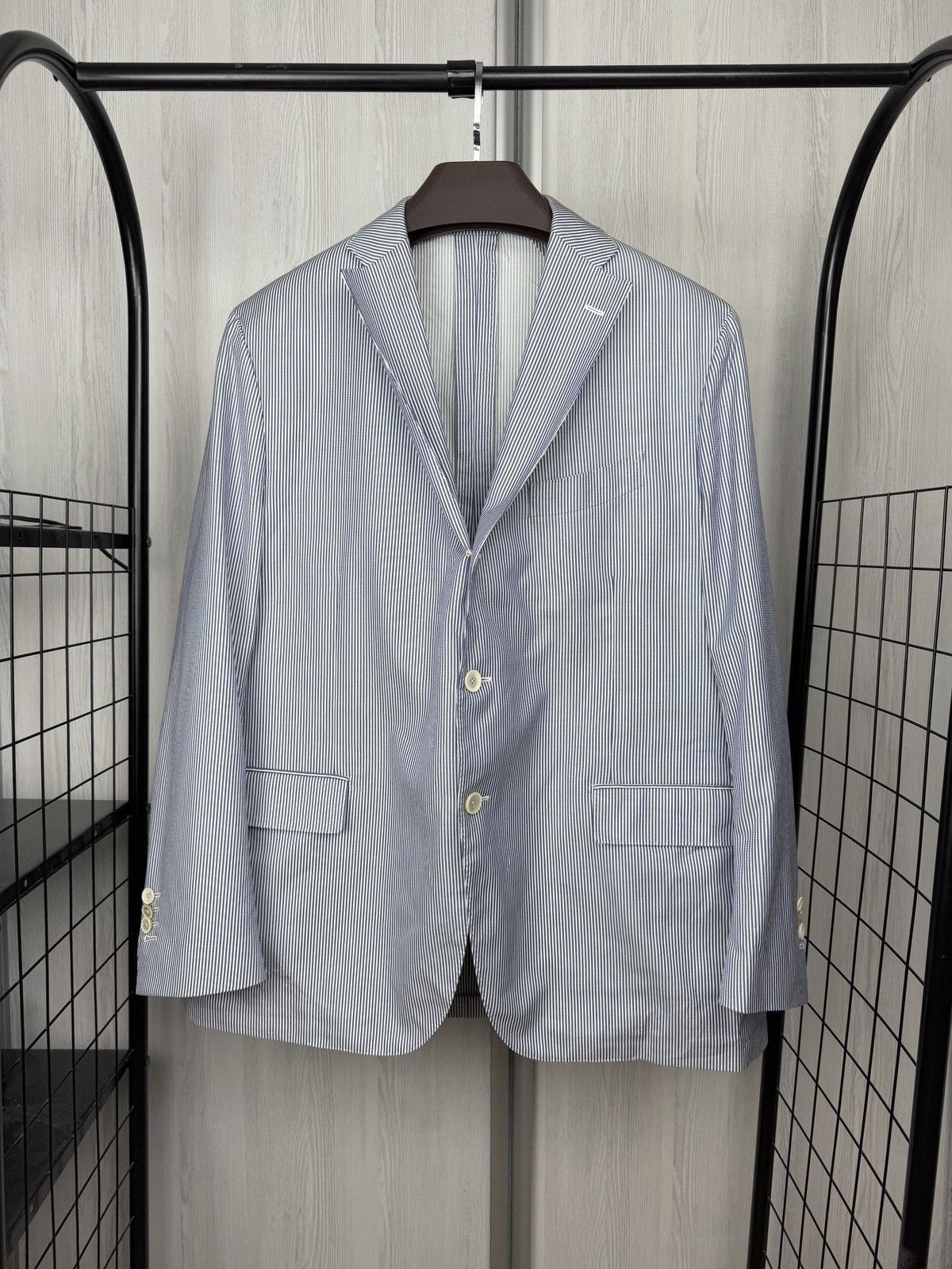 Lardini Lardini 100% Linen Blue White striped unlined lux blazer Size 48R - 1 Thumbnail
