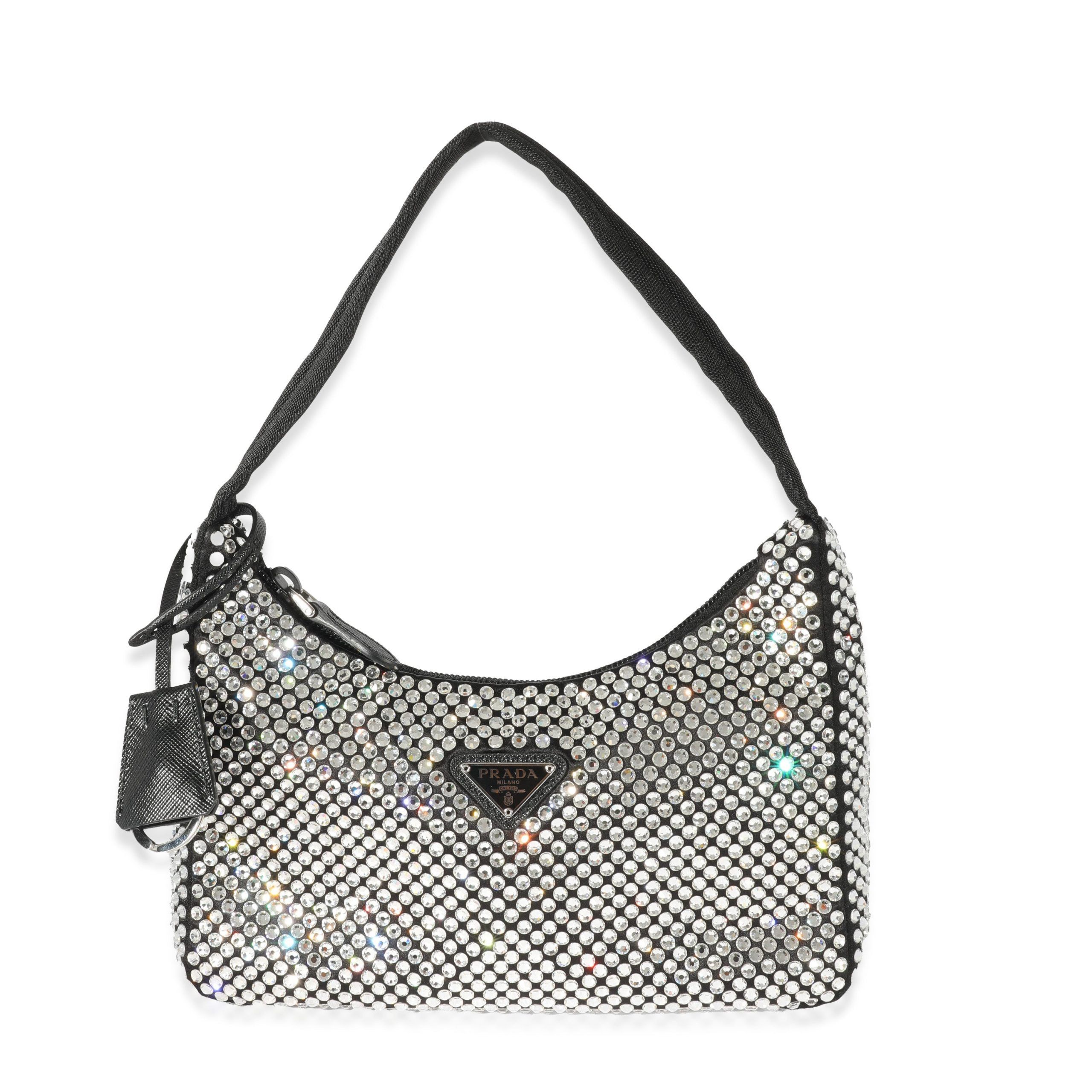 image of Prada Black Satin Crystal Re-Edition 2000 Mini Bag, Women's