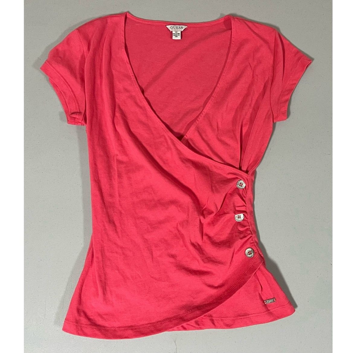 Guess Guess Pink V-Neck Button Wrap Tee Shirt Top Blouse Size S 🌺✨ Size S / US 4 / IT 40 - 1 Thumbnail