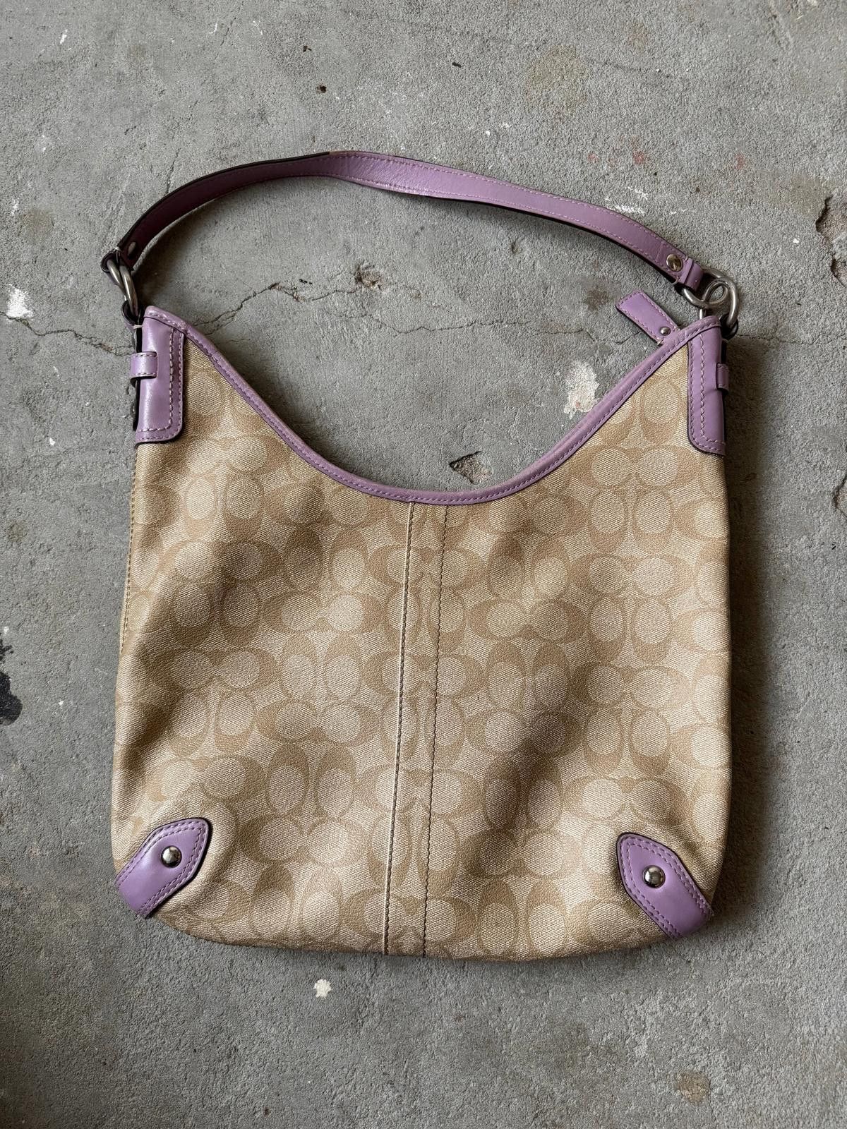 Coach Coach Signature PVC Hobo Stripe Shoulder Bag Beige/Purple Size ONE SIZE - 4 Thumbnail