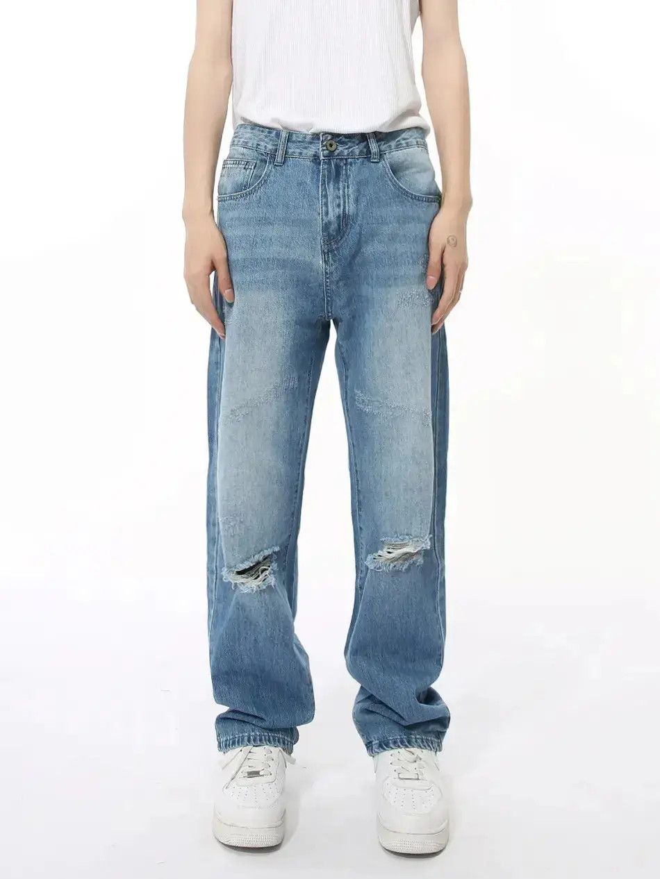 Japanese Brand Retro loose straight leg ripped jeans Size US 32 / EU 48 - 6 Thumbnail