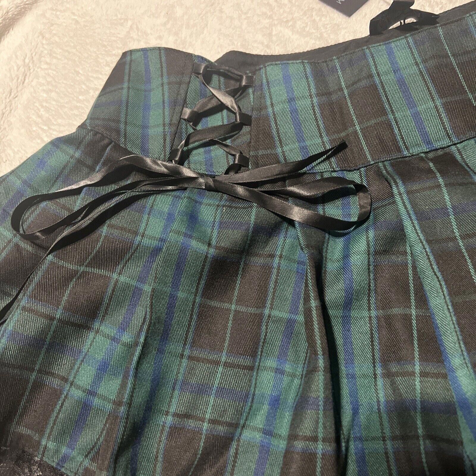 Designer XXL Plaid Widow Mini Skirt Lace Pleated Goth Teal Tartain Size 42" / US 20 - 3 Thumbnail