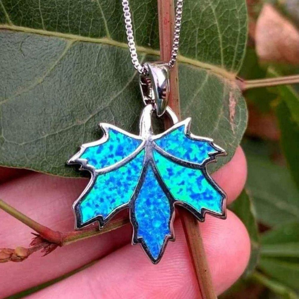 Designer Blue Opal Maple Leaf Pendant Silver Nature Necklace Size ONE SIZE - 1 Thumbnail